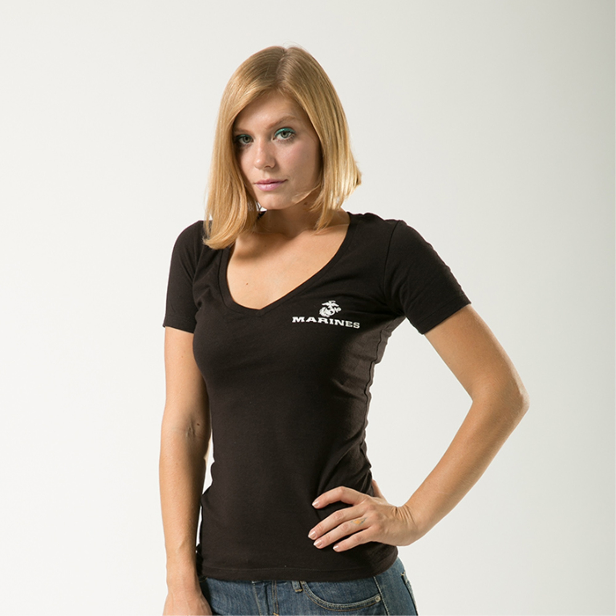 Women's V-Neck Tees, Marines, Black, S