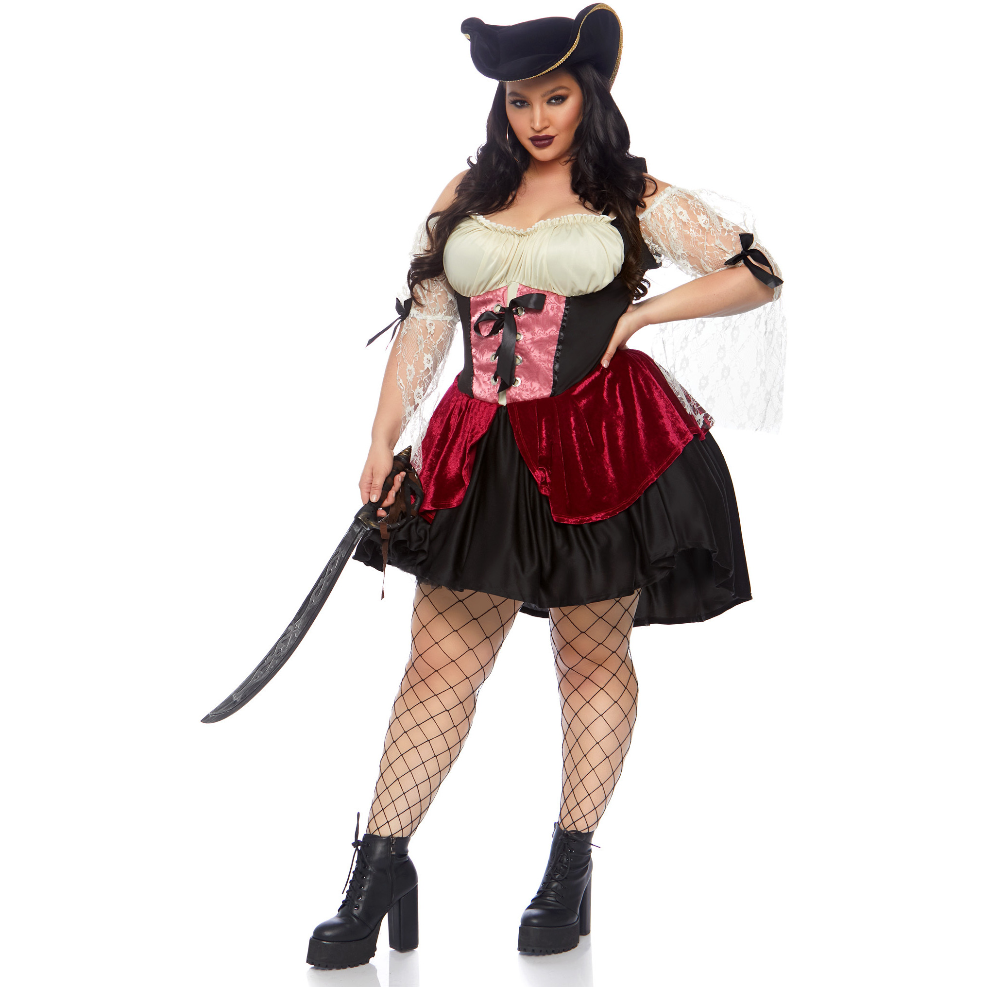 Plus Size Wicked Wench,peasant dress w/lace sleeves 1X-2X BLACK
