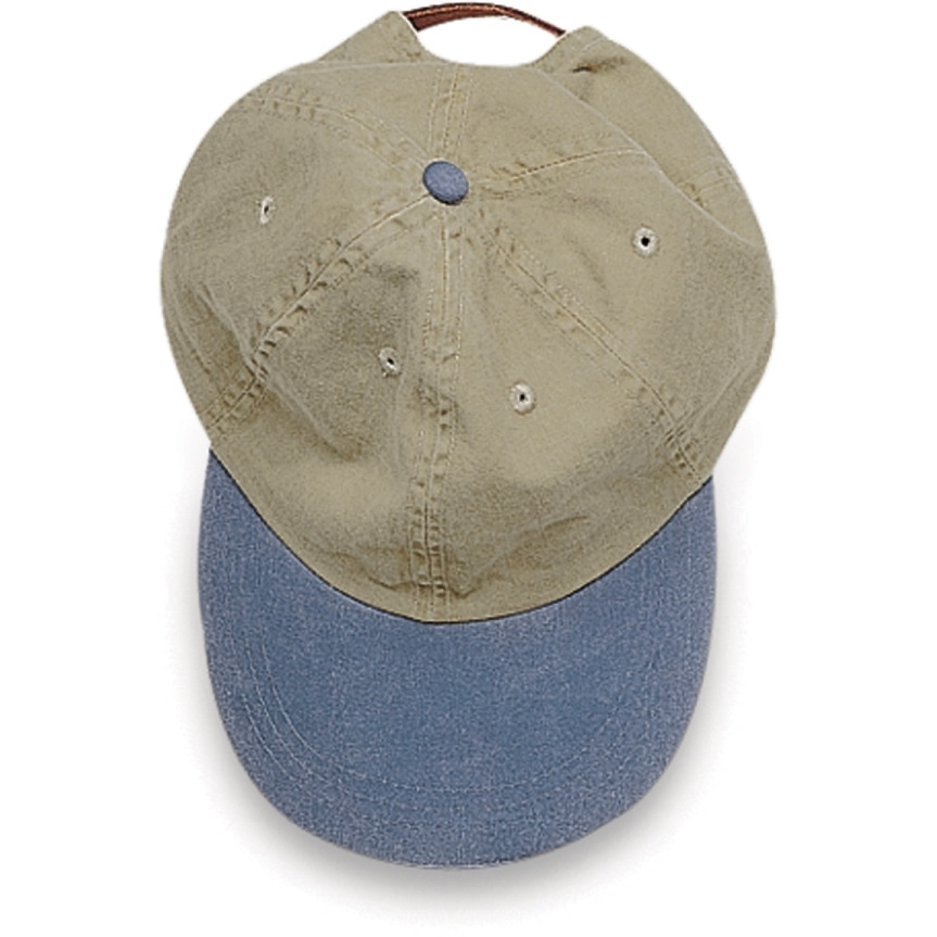 LP102 | OPTIMUM-KHAKI W/CONTRAST BILL- Pigment dyed, garment washed cotton twill, six panel, low profile, unstructured cap with Contrast Color Visor, Adams Cool-Crown mesh lining and leather strap closure with antique brass buckle and grommet.  - KHAKI/ROYAL