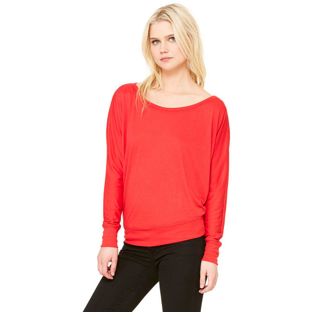 Ladies Flowy Long-Sleeve Off Shoulder T-Shirt - NEON PINK - S(D0102H7WVDP)