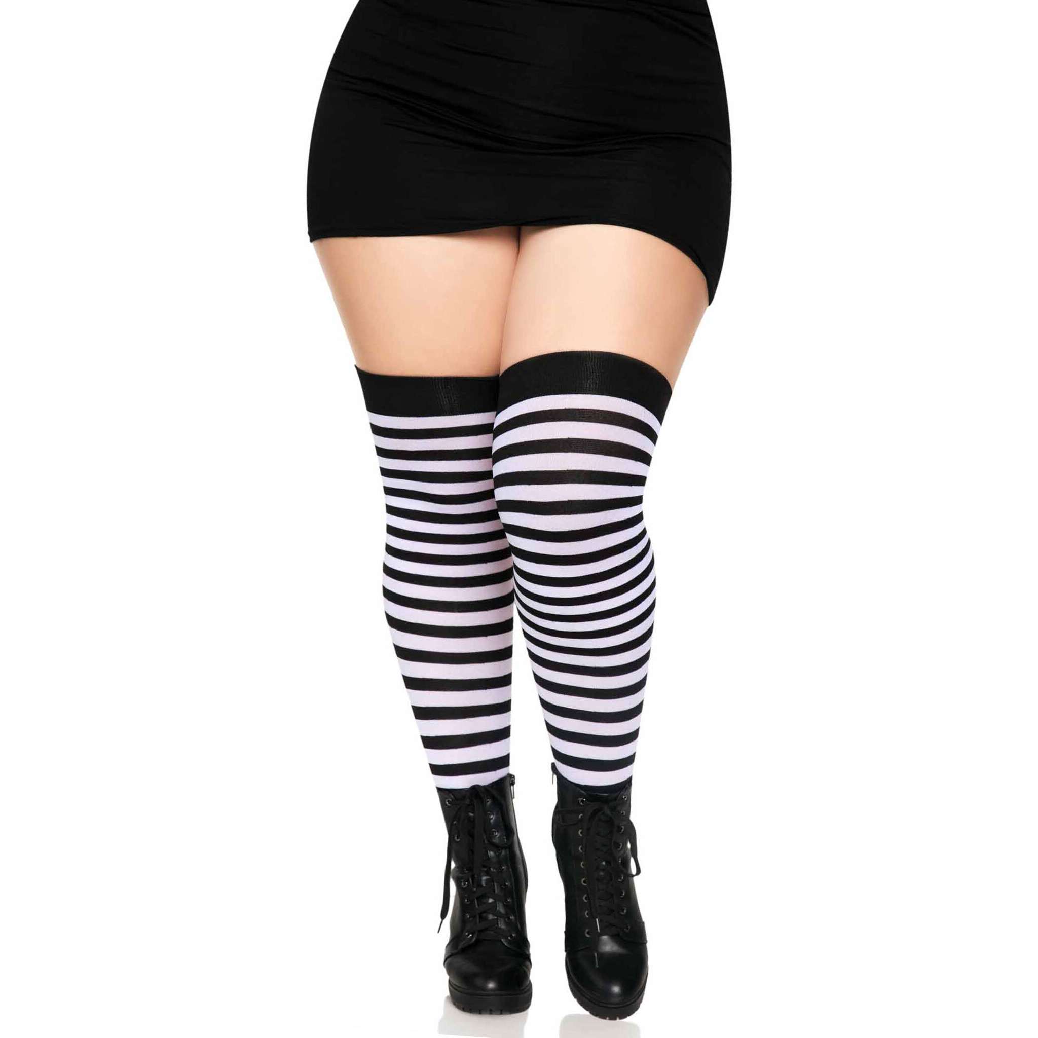 Plus Size Nylon Stocking W/ Stripe 1X-2X BLACK/WHITE