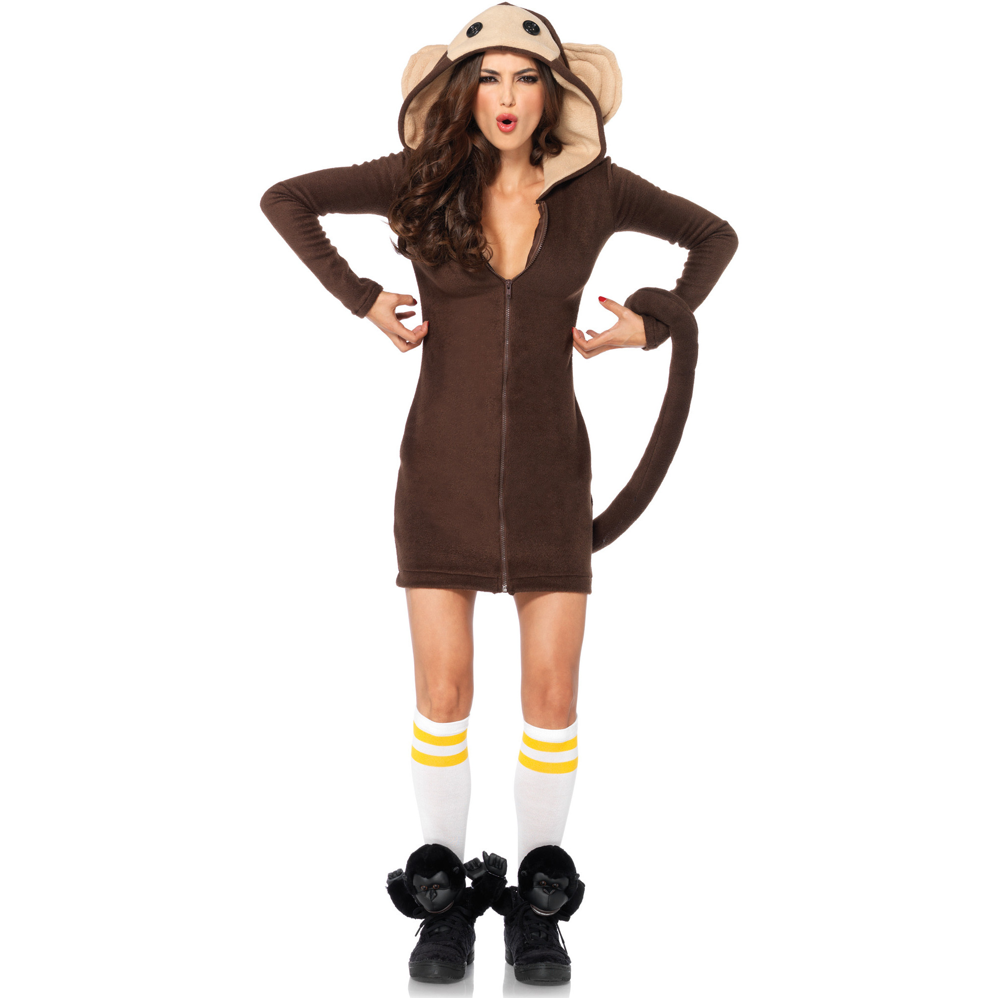 Cozy Monkey dress w/attached tail  and funny face hood LARGE BROWN