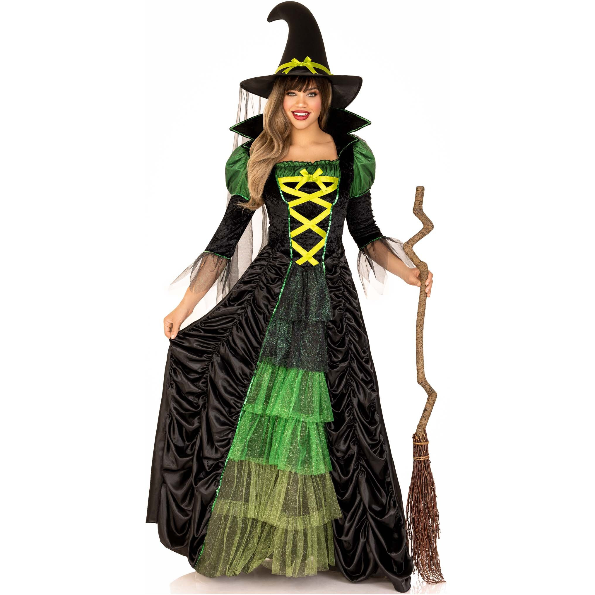 3PC.Storybook Witch,dress with tiered glitter tulle,hat w/veil 3 PC.Storybook Witch,dress with tiered glitter tulle,hat w/veil and long petticoat SML/MED BLACK/GREEN