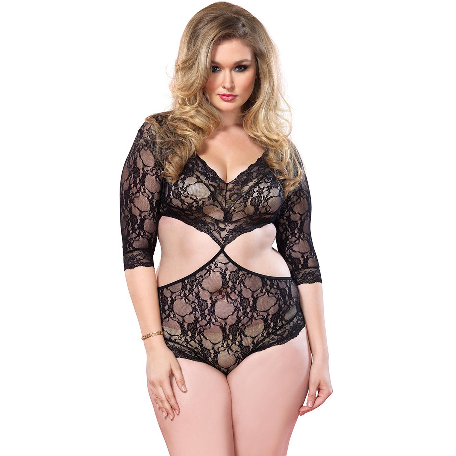 Floral lace deep-V cut out teddy with full back panty PLUS SI BLACK
