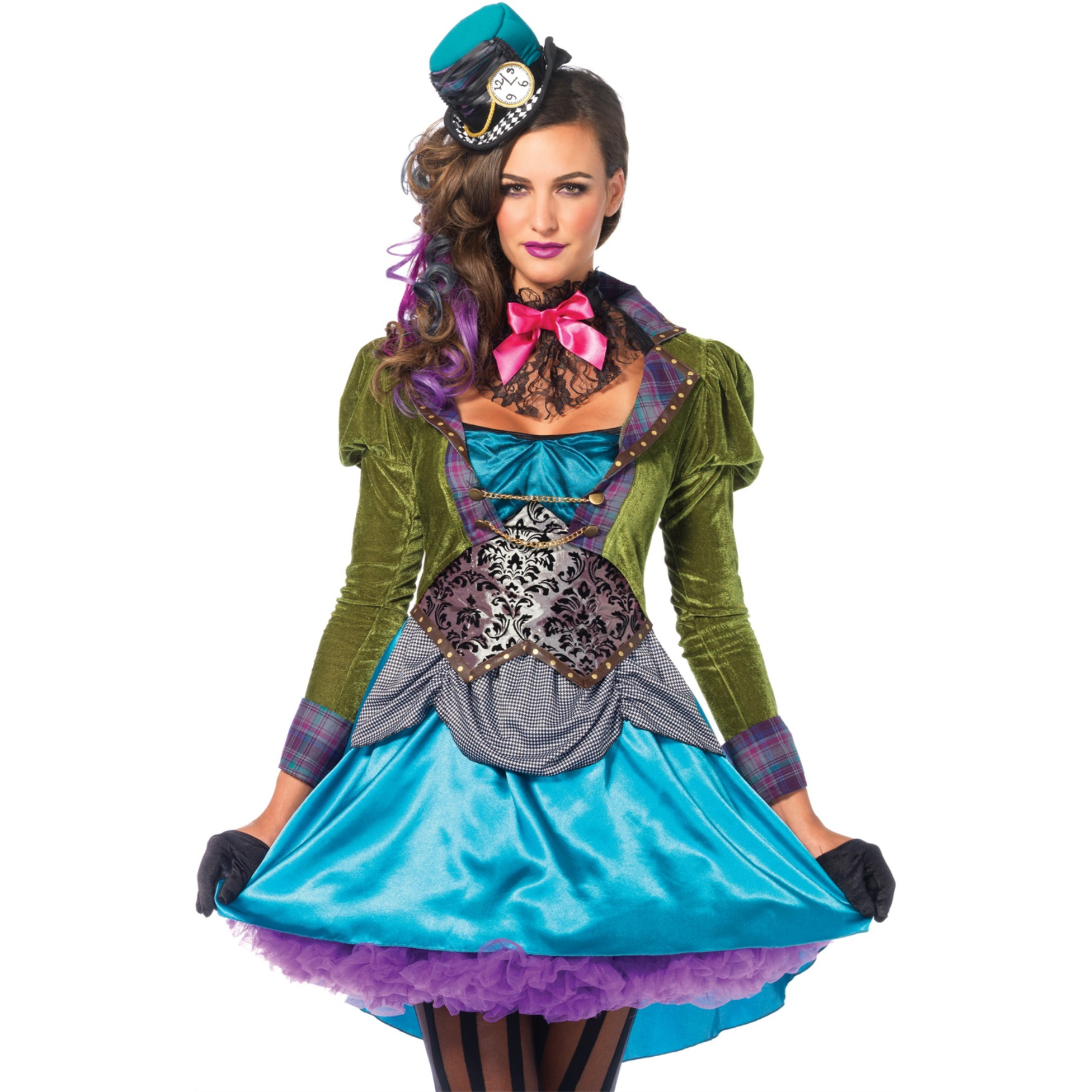 3PC.Deluxe Mad Hatter satin coat dress neck piece mini clock top hat LARGE MULTICOLOR