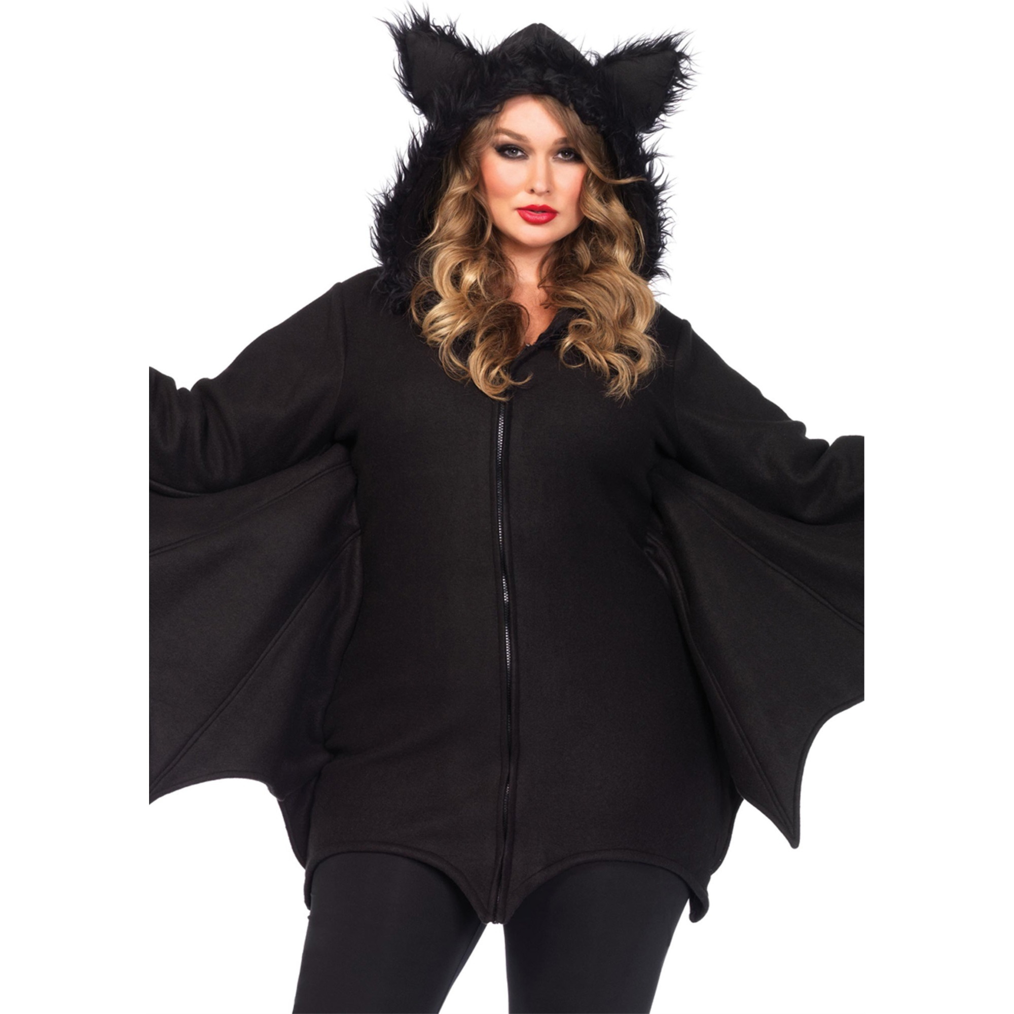 Cozy Bat,dress w/bat wing sleeves and furry ear hood 1X-2X BLACK