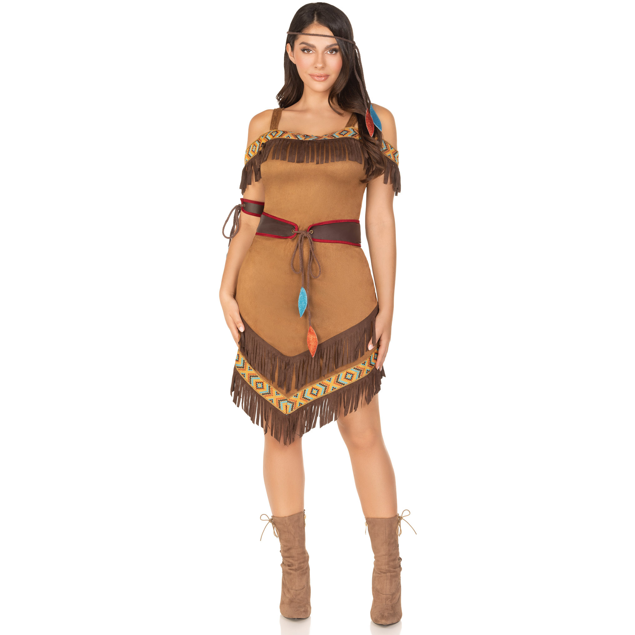 4PC.Native Princess,dress w/fringe,belt,arm band,headband X-LARGE BROWN