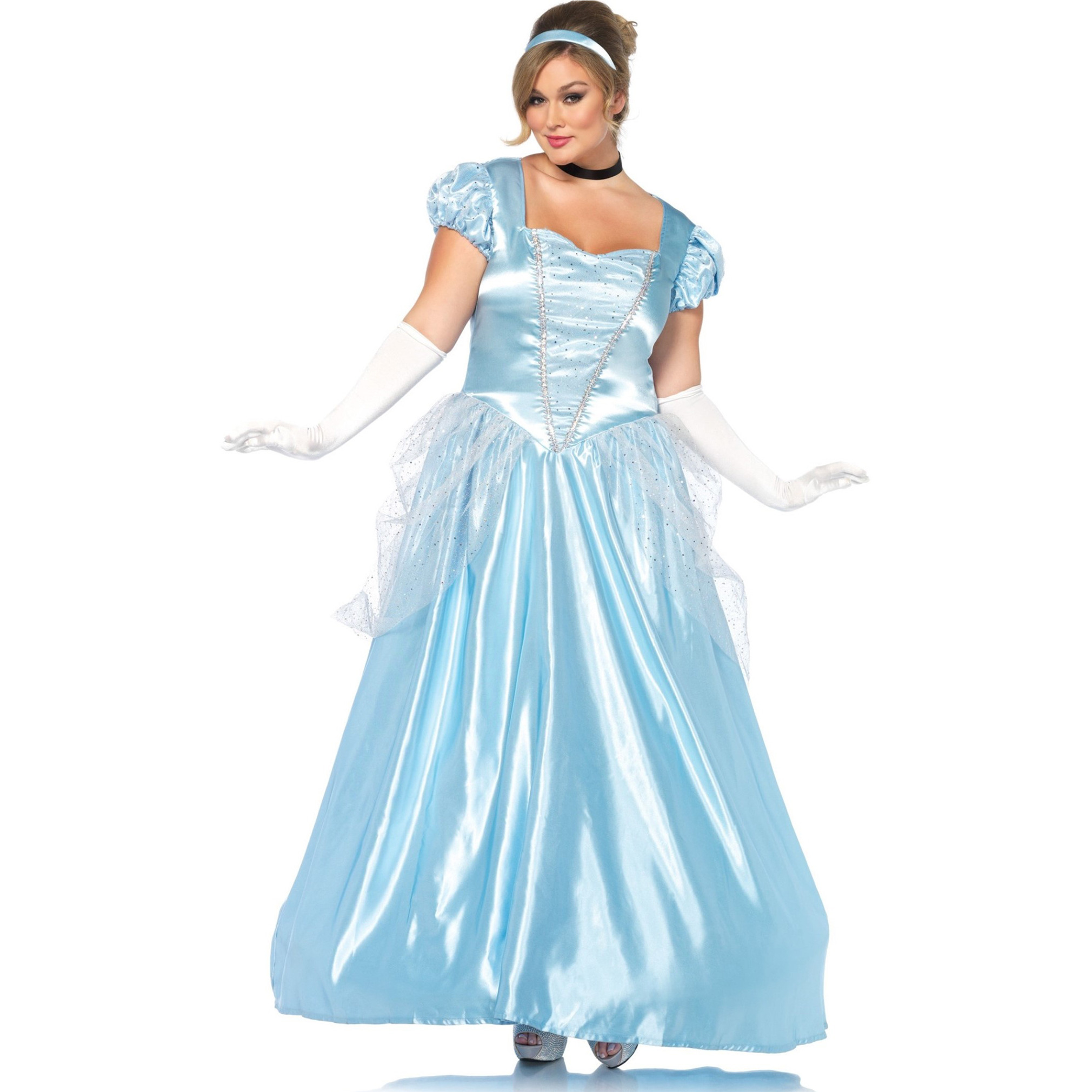 3PC.Classic Cinderella,long satin ball gown,choker,headband 1X-2X BLUE