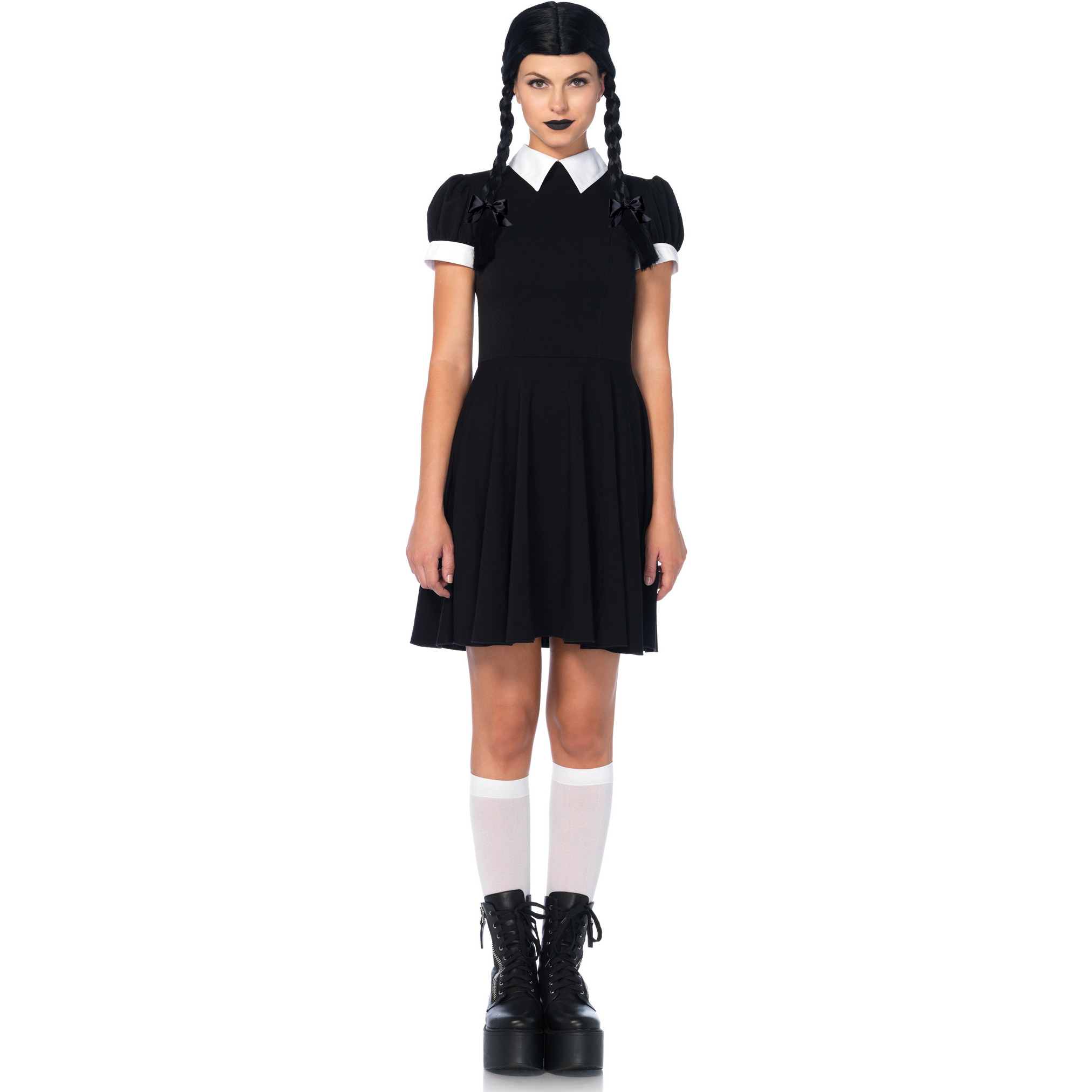 2PC.Gothic Darling,classic collared dress,braided wig w/bows MED/LGE BLACK/WHITE