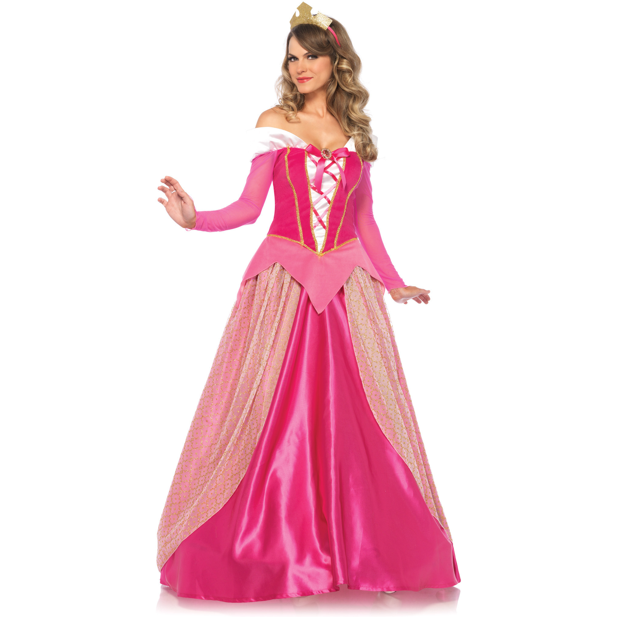 3PC.Sleeping Princess,satin long ball gown, clear straps and golden crown SMALL PINK