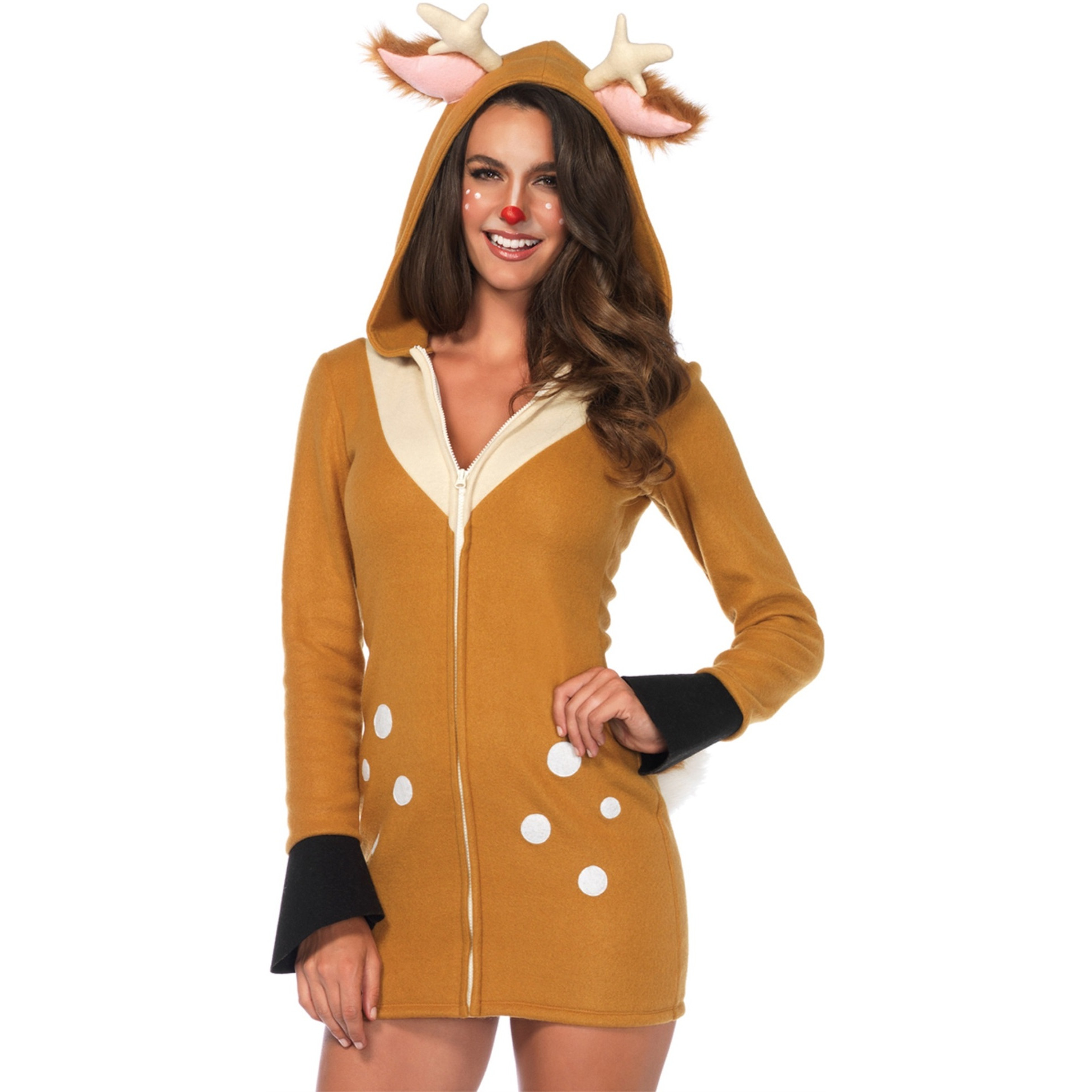 Cozy Fawn, zipper front fleece dress with ear hood and fawn tail LARGE BROWN/KHAKI