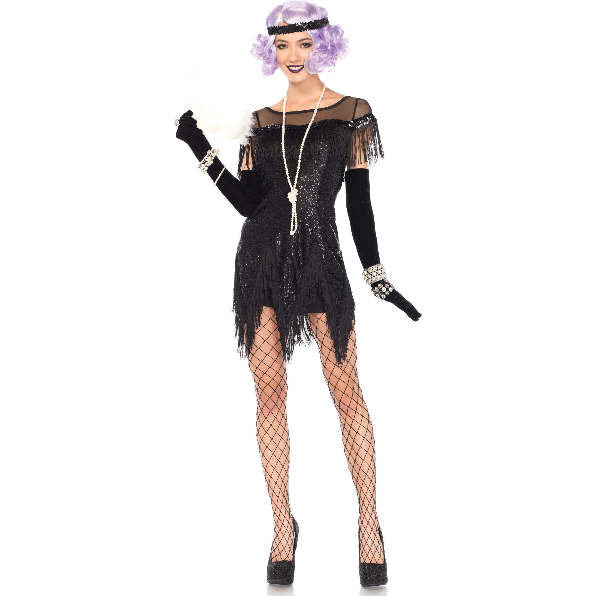 2PC.Roaring 20's Trixie,sequin dress w/zig zag fring,sequin headband MEDIUM BLACK