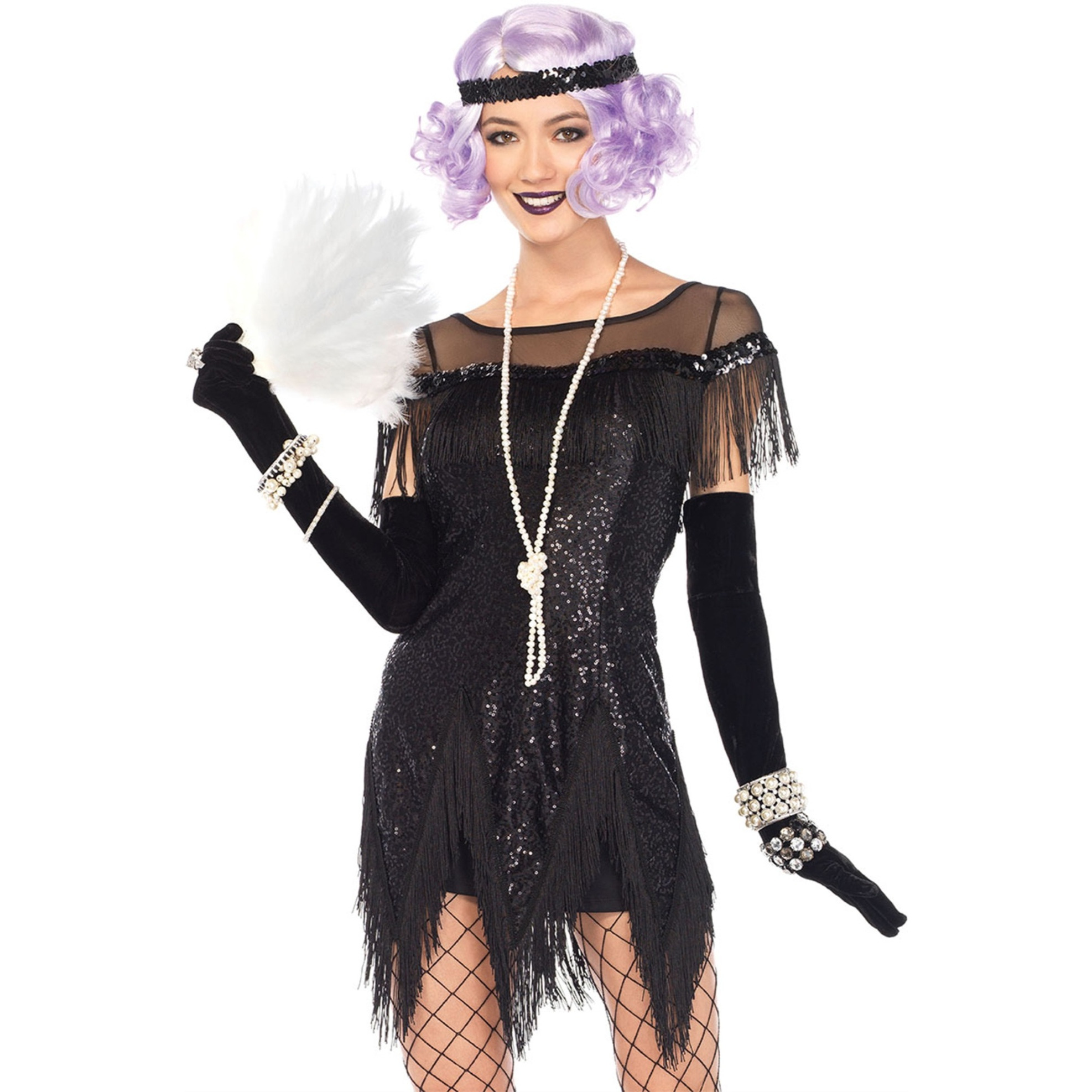 2PC.Roaring 20's Trixie,sequin dress w/zig zag fring,sequin headband SMALL BLACK