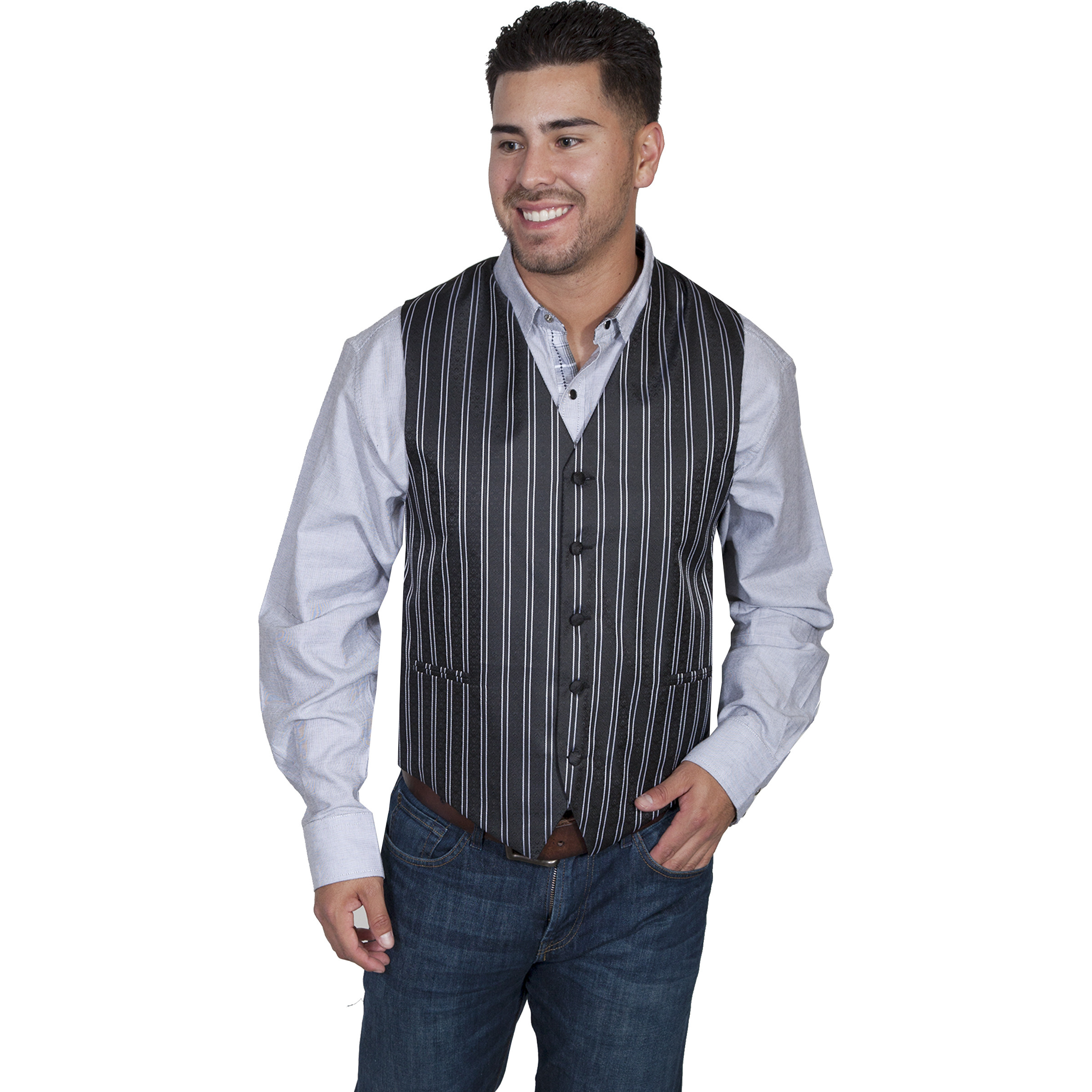 NO LAPEL BLK/WHT PINSTRIPE VEST