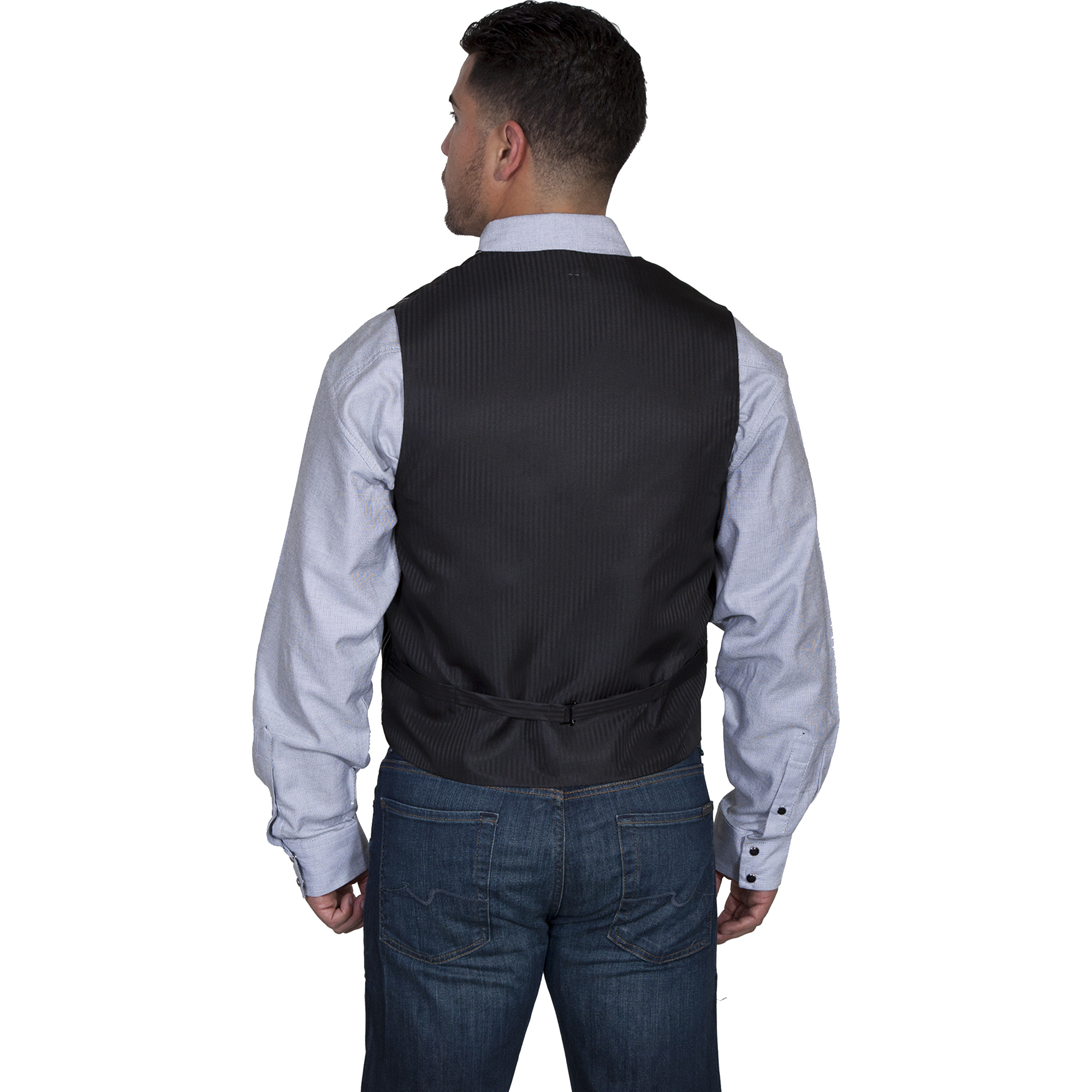 NO LAPEL BLK/WHT PINSTRIPE VEST