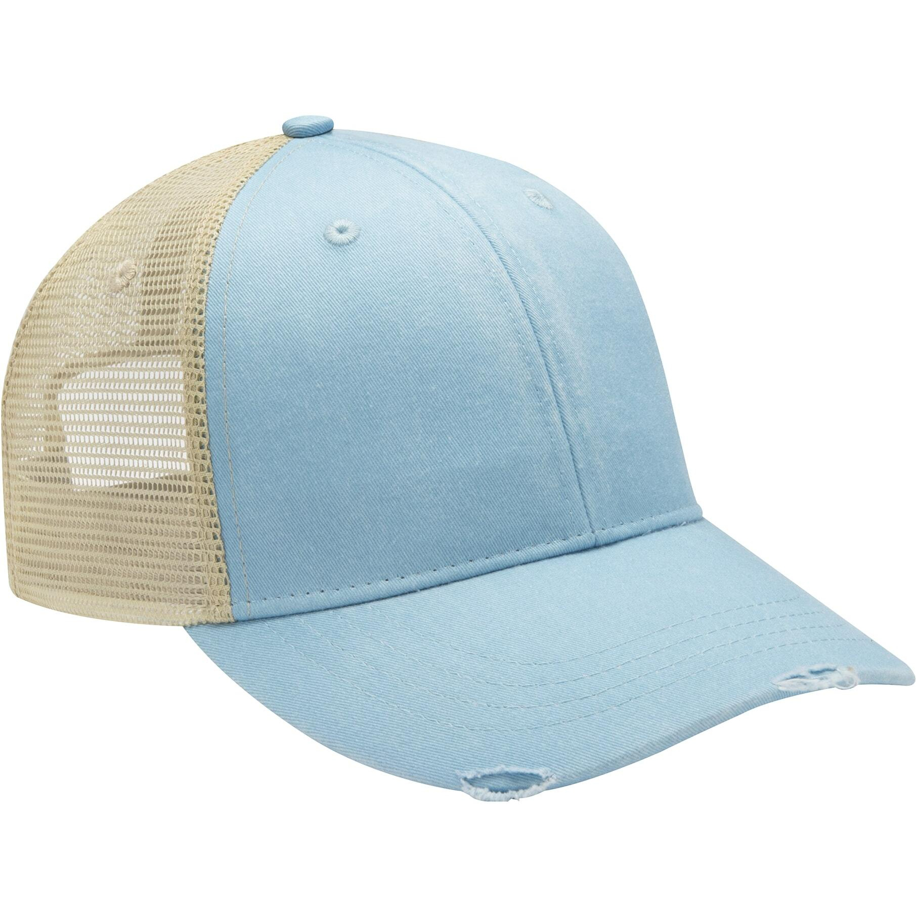 OL102 | OLLIE- Pigment dyed, garment washed, cotton, twill, six panel, structured, mid-crown trucker cap with nylon mesh back panels, distressed visor and snap back. - BABY BLUE/ TAN
