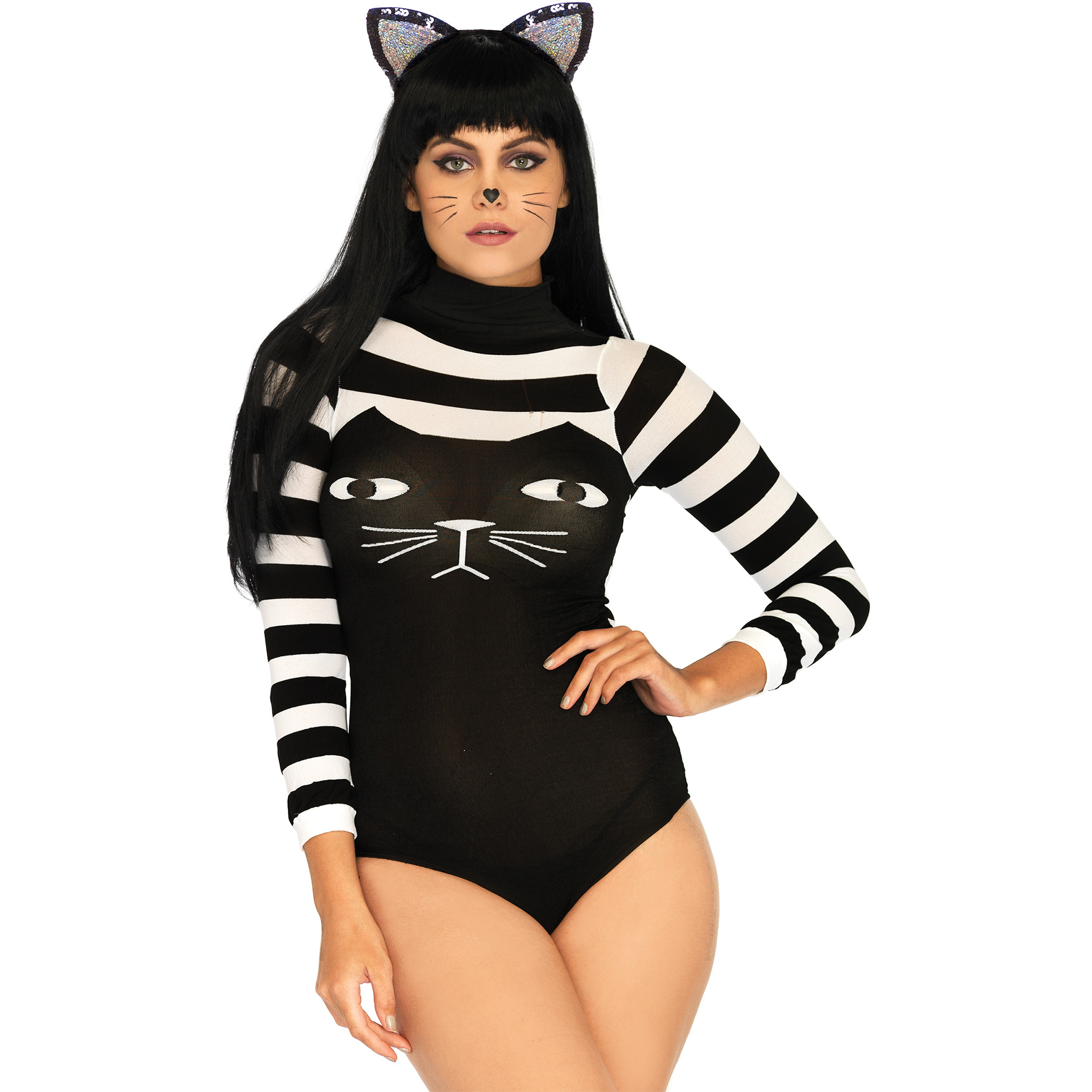 Nylon spandex striped cat bodysuit with snap crotch