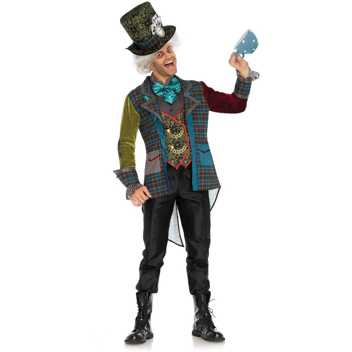 3PC.Deluxe Mad Hatter,includes multi print jacket,neck tie dickie and top hat