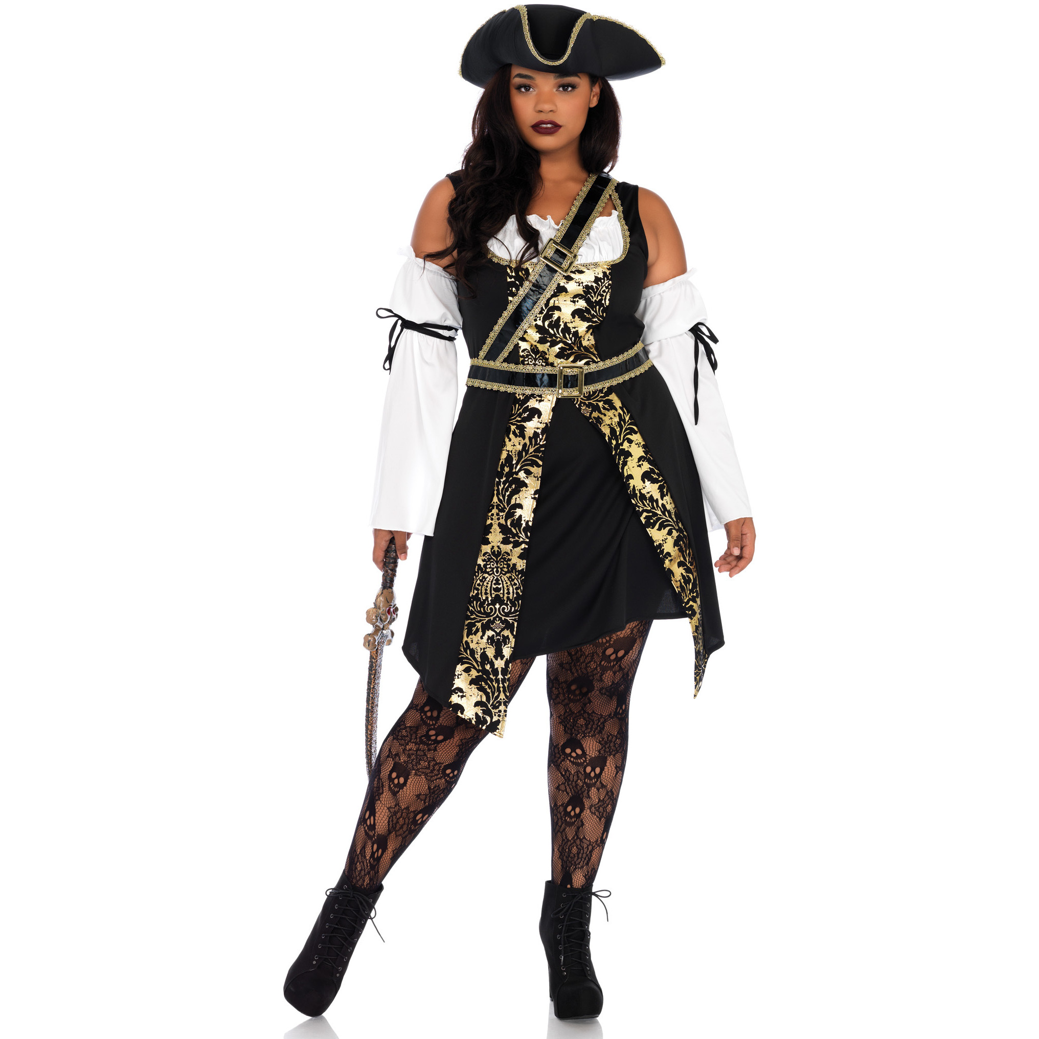 4PC.Black Sea Buccaneer,dress w/gold brocade trim, sleeves,crossbody belt and hat