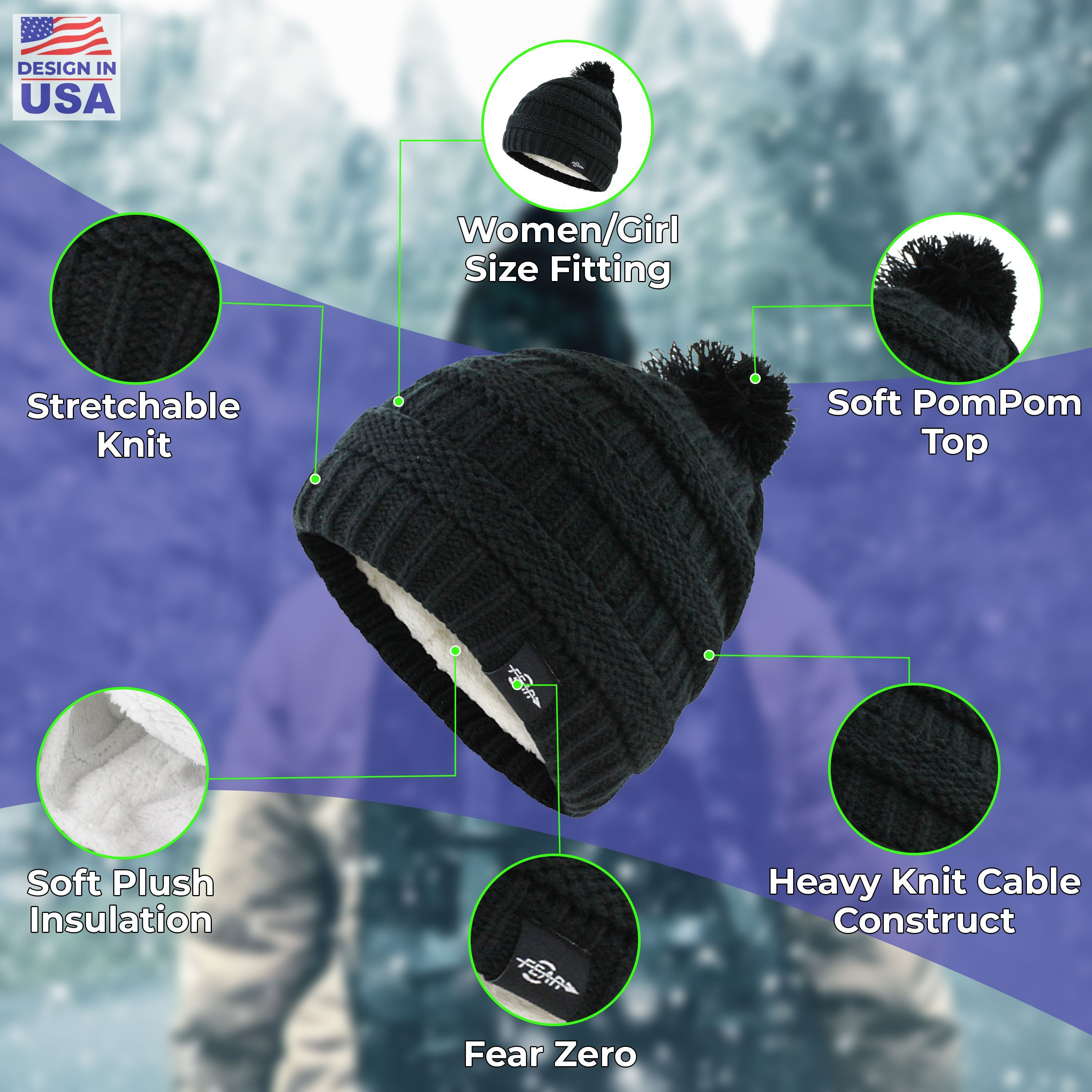 Fear0 NJ Warmest Plush Insulated Lining Knit cable Pom-Pom Beanie Hat Women(D0102H79VM6)