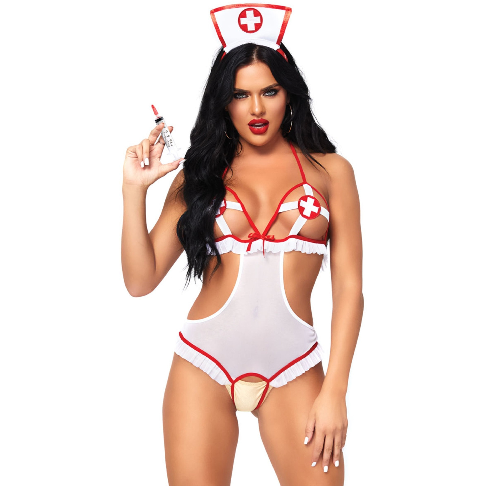 2 PC Naughty Nurse, includes crotchless teddy with peek-a-boo cups and matching hat headband