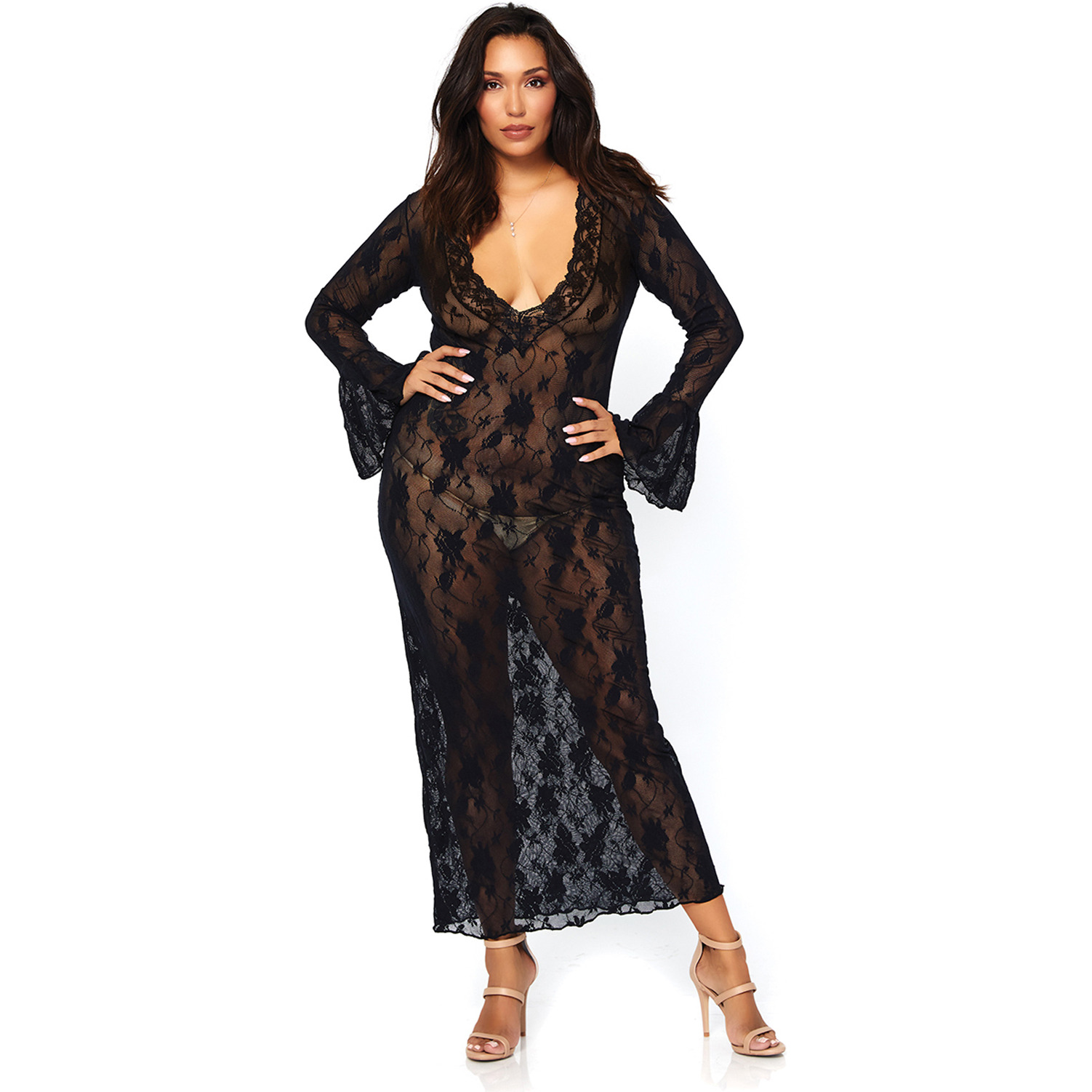 Stretch lace deep-V bell sleeve long dress