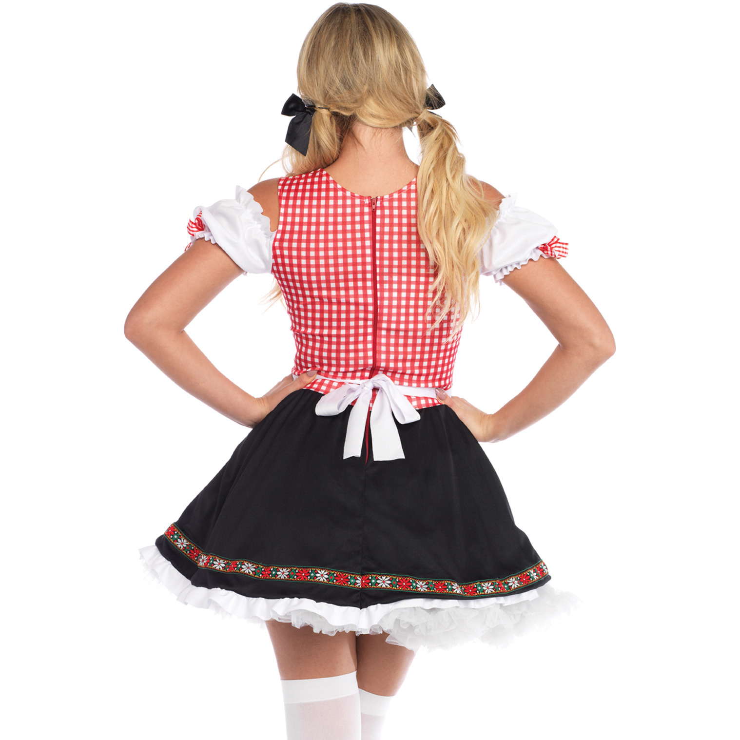 Beer Garden Babe, features gingham peasant dress with lace up bodice, cold shoulder sleeve and attached apron