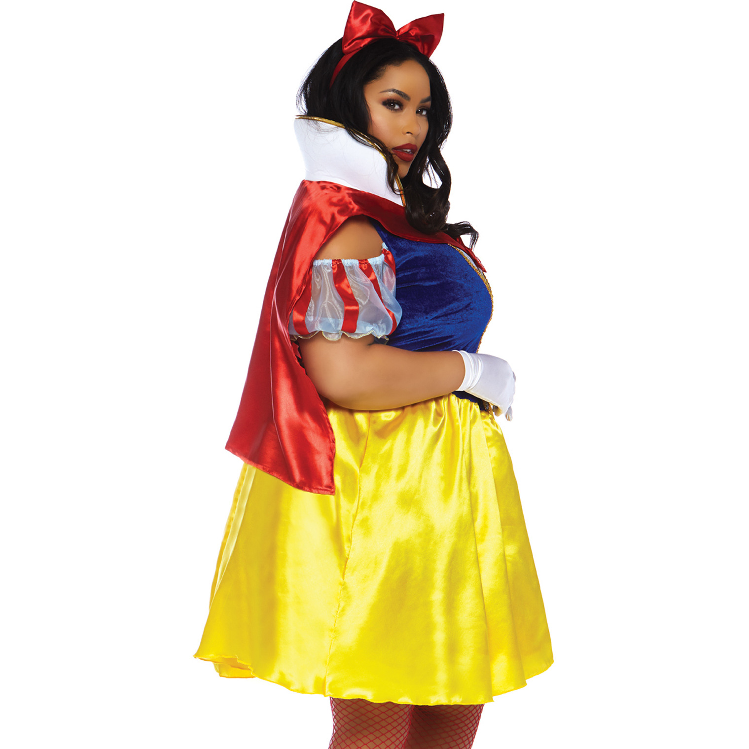 2 PC Fairytale Snow White, includes cold shoulder velvet and satin dress with attached cape and matching bow headband