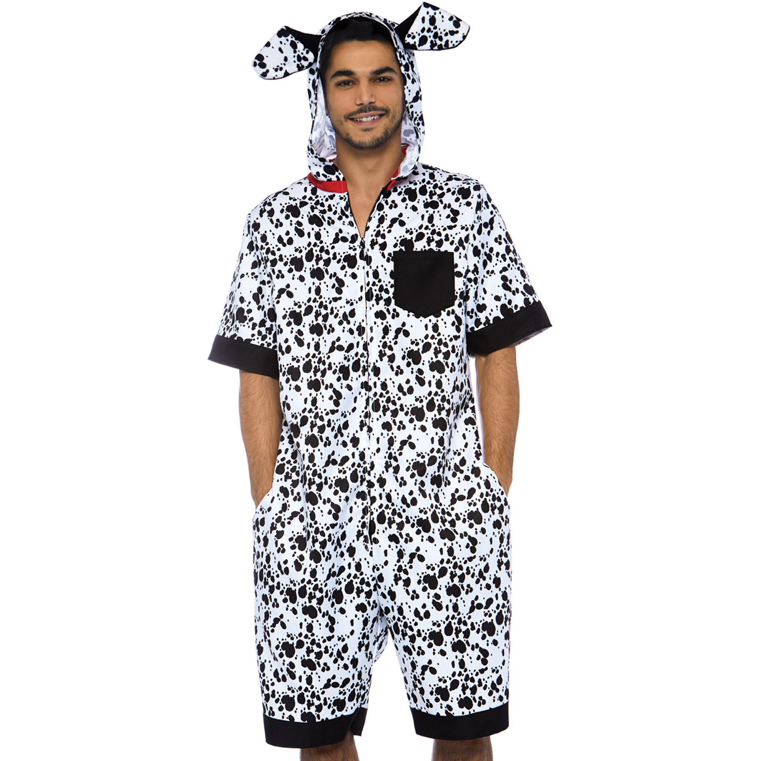 Dalmatian Dog, features fur print jumpsuit with pockets, double sided zipper, and ear hood