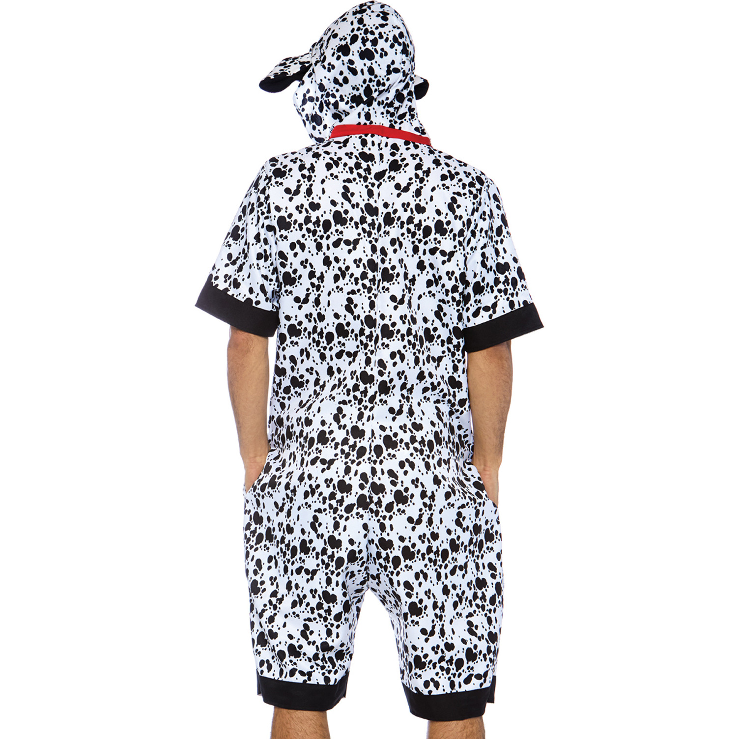 Dalmatian Dog, features fur print jumpsuit with pockets, double sided zipper, and ear hood