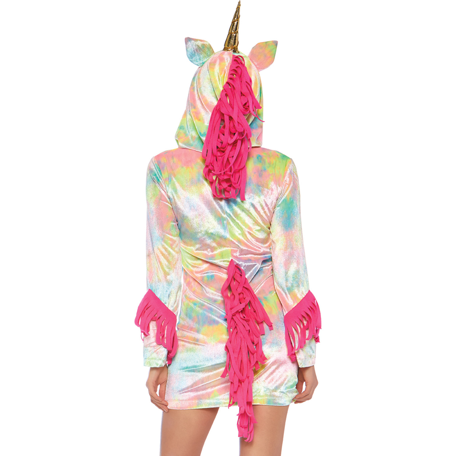 Enchanted Unicorn, features velvet zipper front dress with tail and magical gold horn hood
