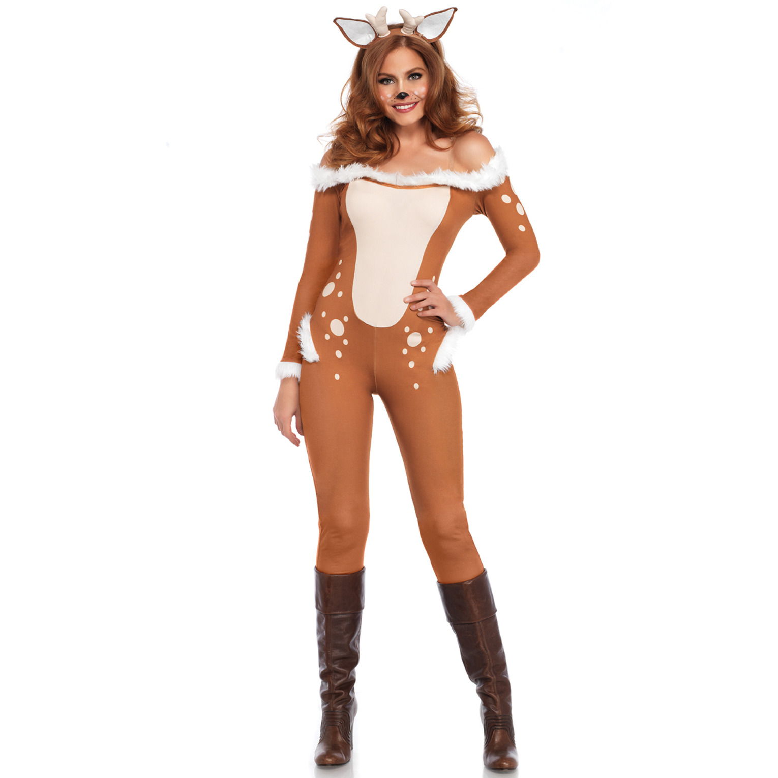 3PC .Darling Deer, includes fur trimmed off the shoulder catsuit with furry fawn tail, clear straps, and matching ear headband
