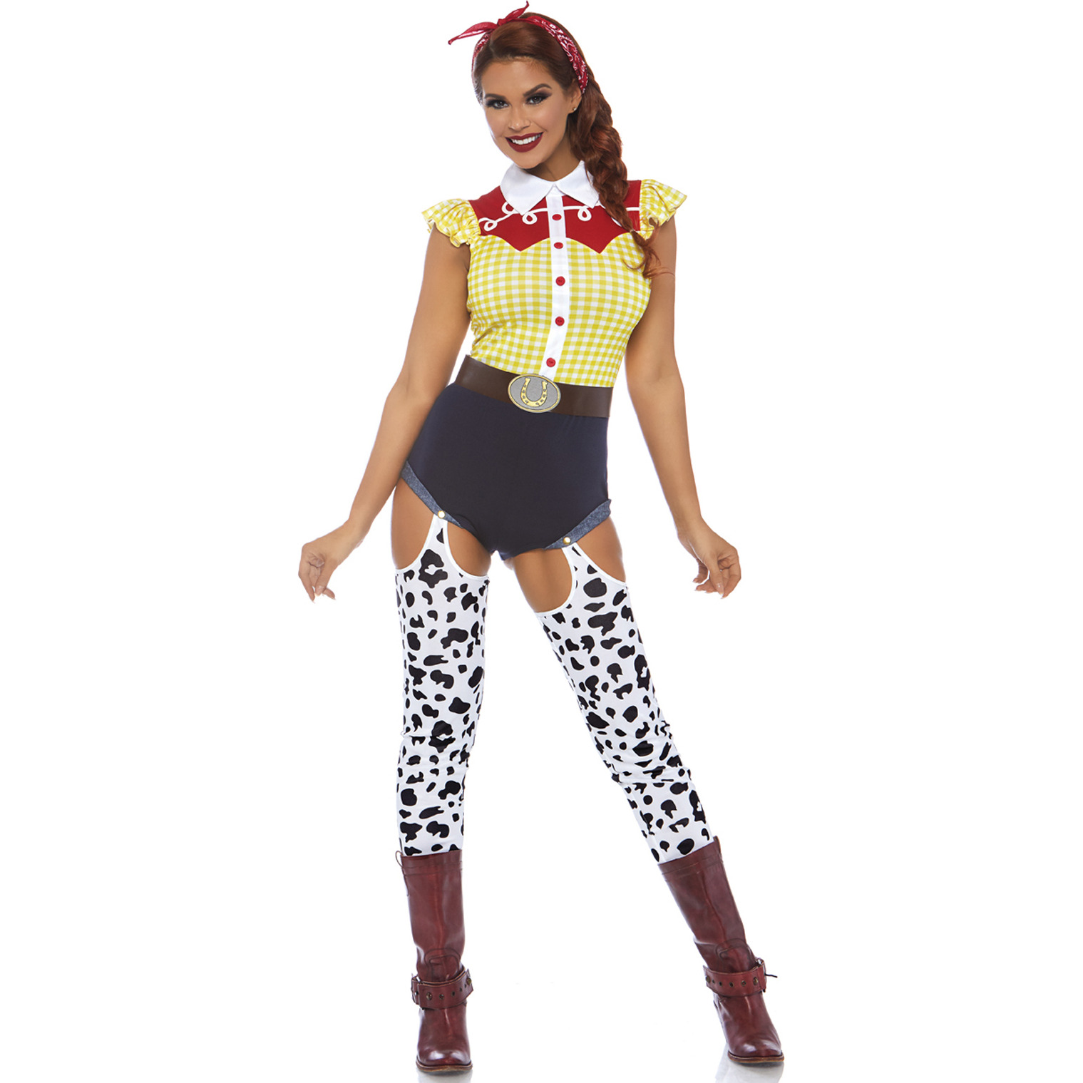 3PC. Giddy Up Cowgirl includes western romper with attached cow print leggings, belt, and matching bandana