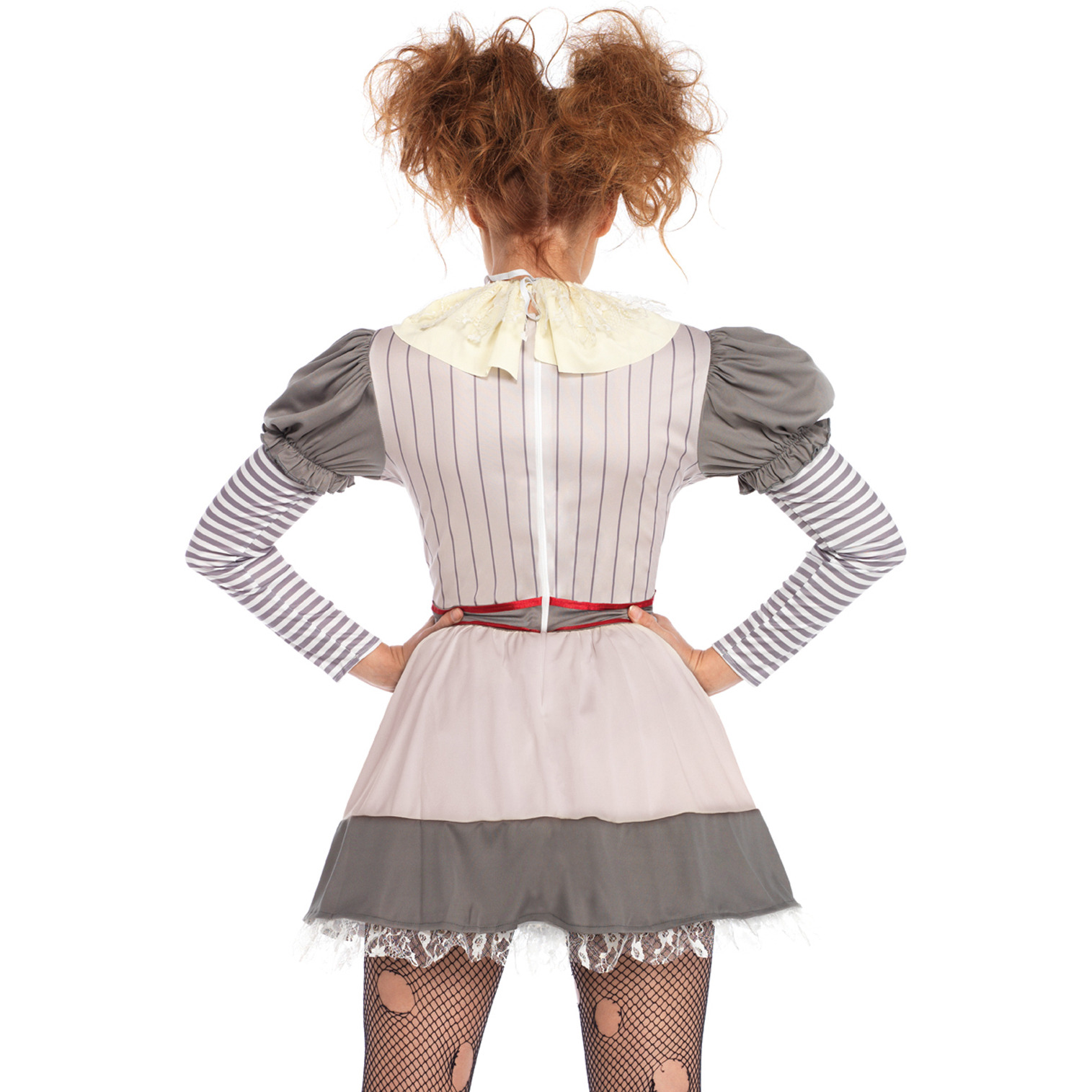 2PC Creepy Clown, includes striped dress with pom pom accents and lace neck piece