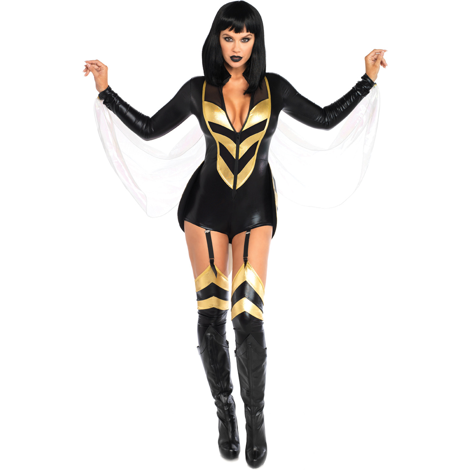 2 PC Hornet Honey, includes wet look zipper front garter bodysuit with foam stinger, attached iridescent wings, and matching thigh highs.