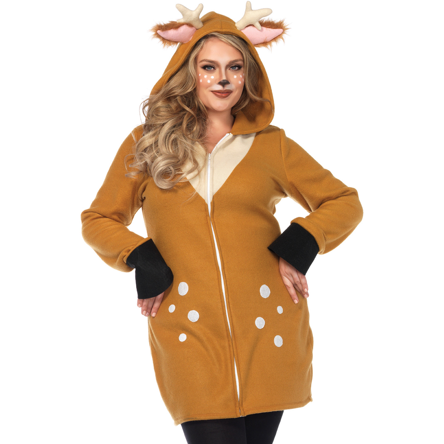 Cozy Fawn, zipper front fleece dress with ear hood and fawn tail