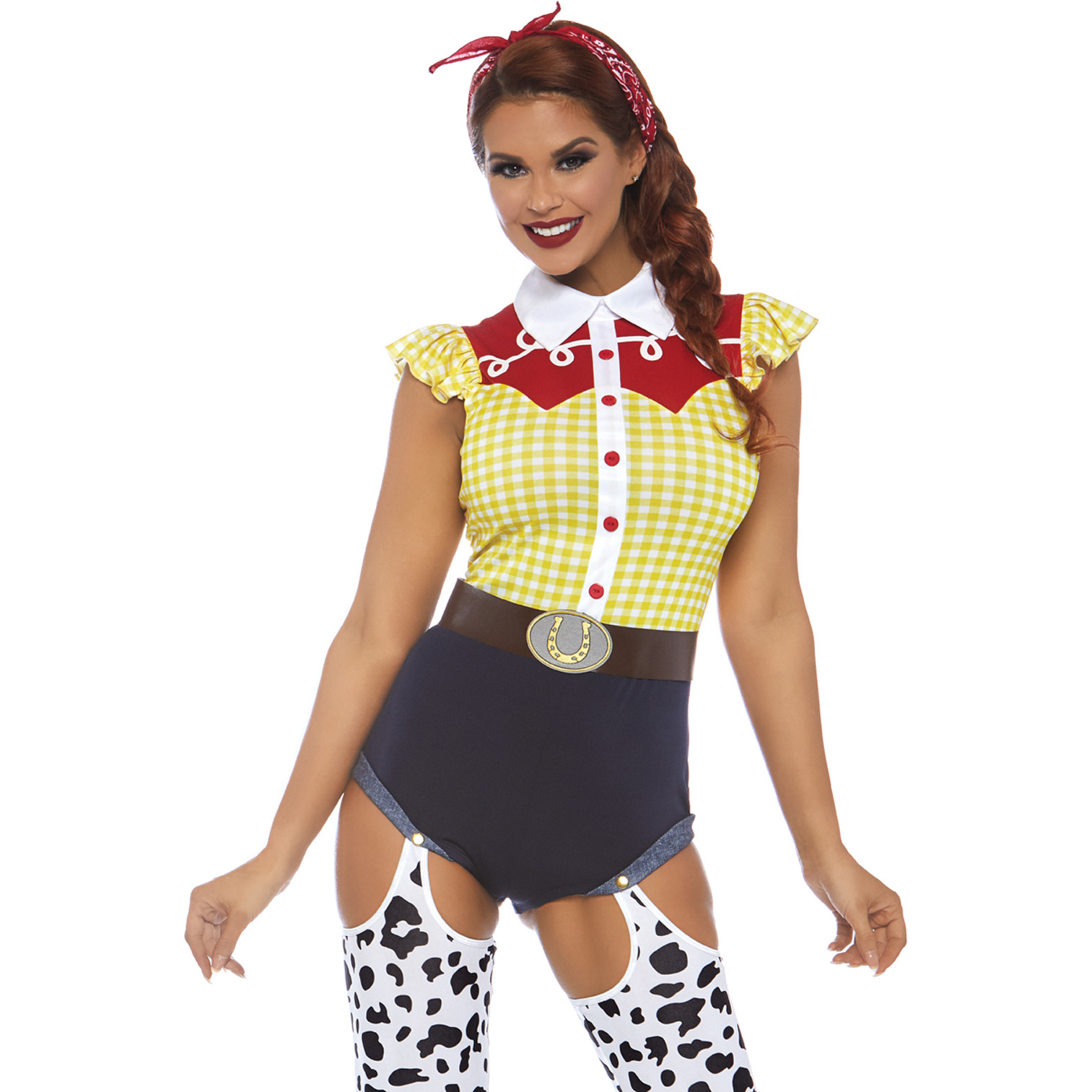 3PC. Giddy Up Cowgirl, includes western romper with attached cow print leggings, belt, and matching bandana