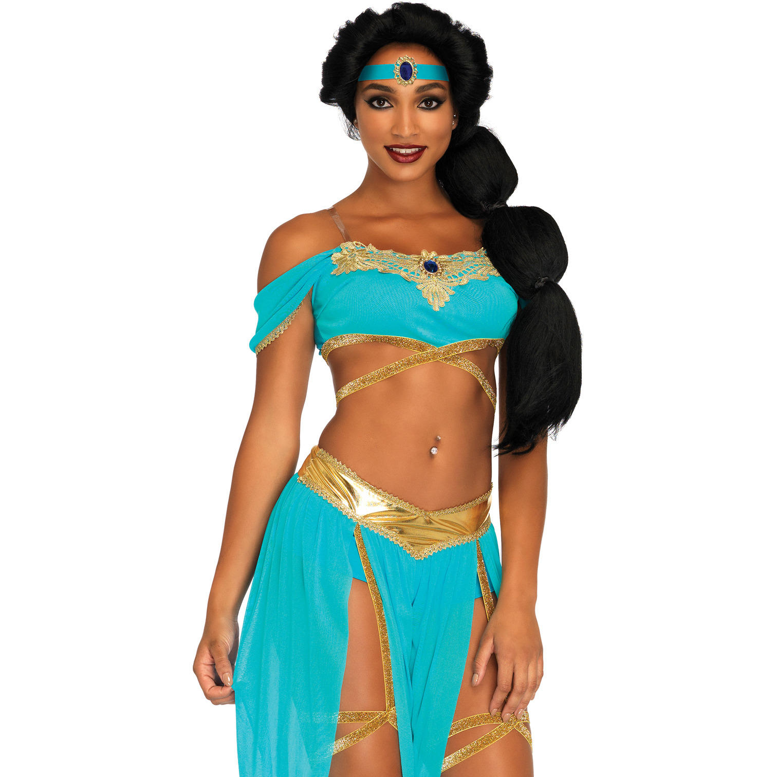 4PC.Oasis Princess,off the shoulder crop top,split leg harem pants w/built in booty shorts and elastic leg garters,clear straps,jewel head piece