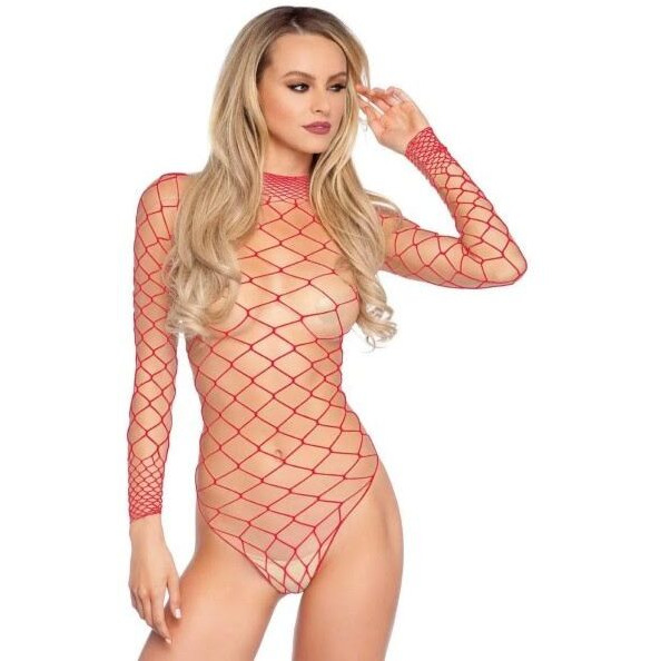 High neck fence net long sleeved bodysuit with snap crotch thong panty