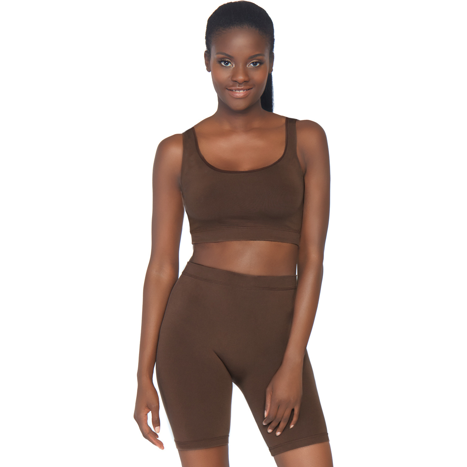 2 PC Seamless opaque spandex crop tank and bike shorts.