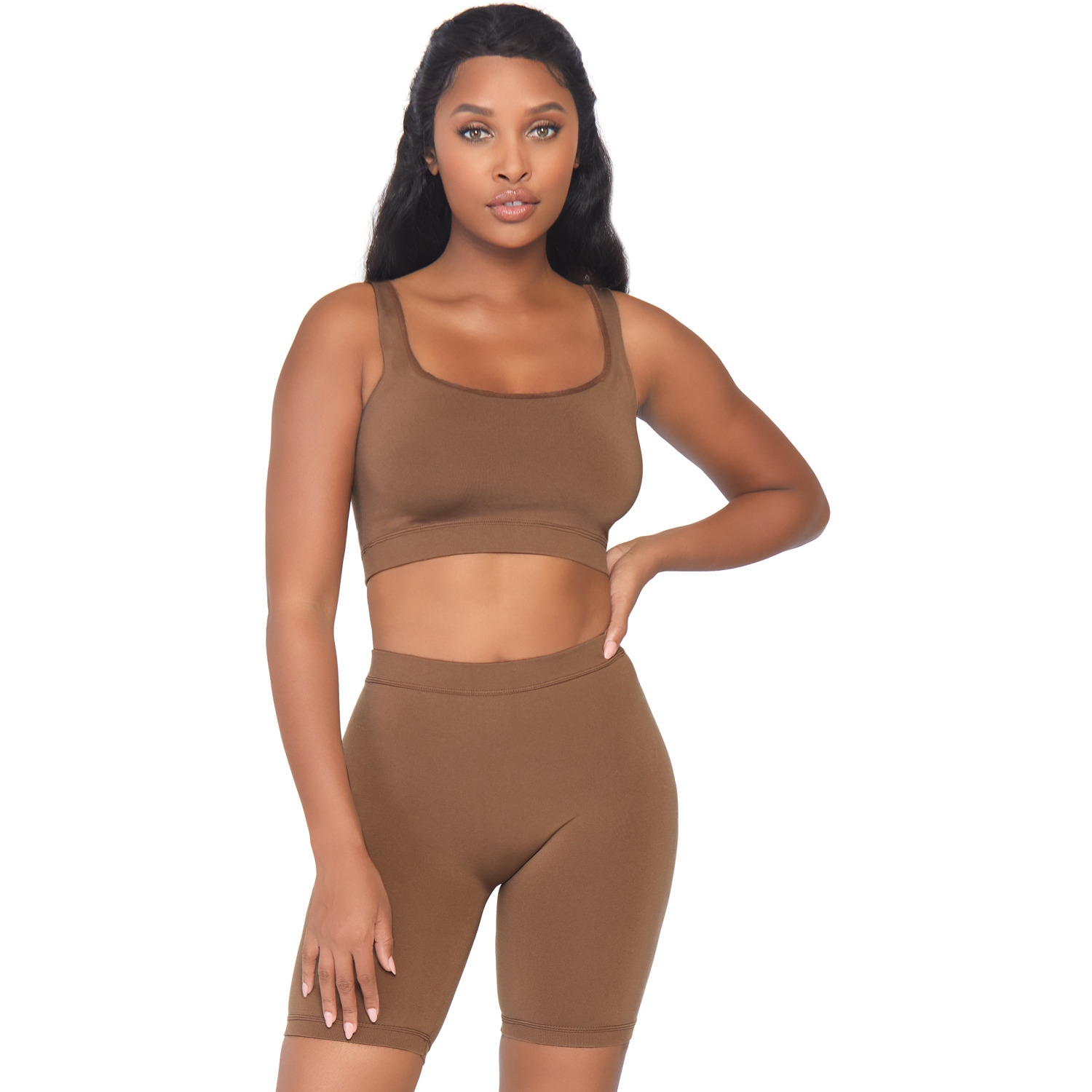 2 PC Seamless opaque spandex crop tank and bike shorts.