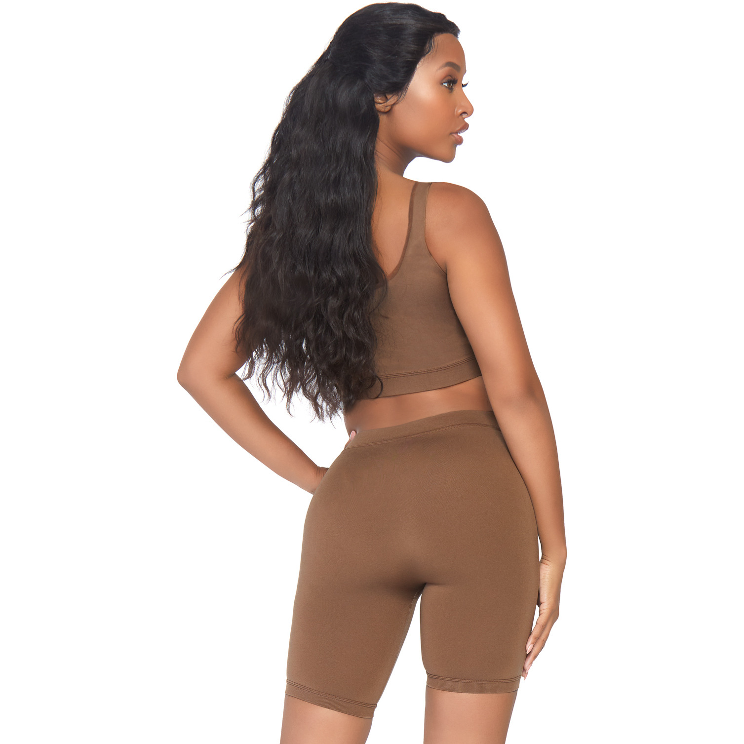 2 PC Seamless opaque spandex crop tank and bike shorts.