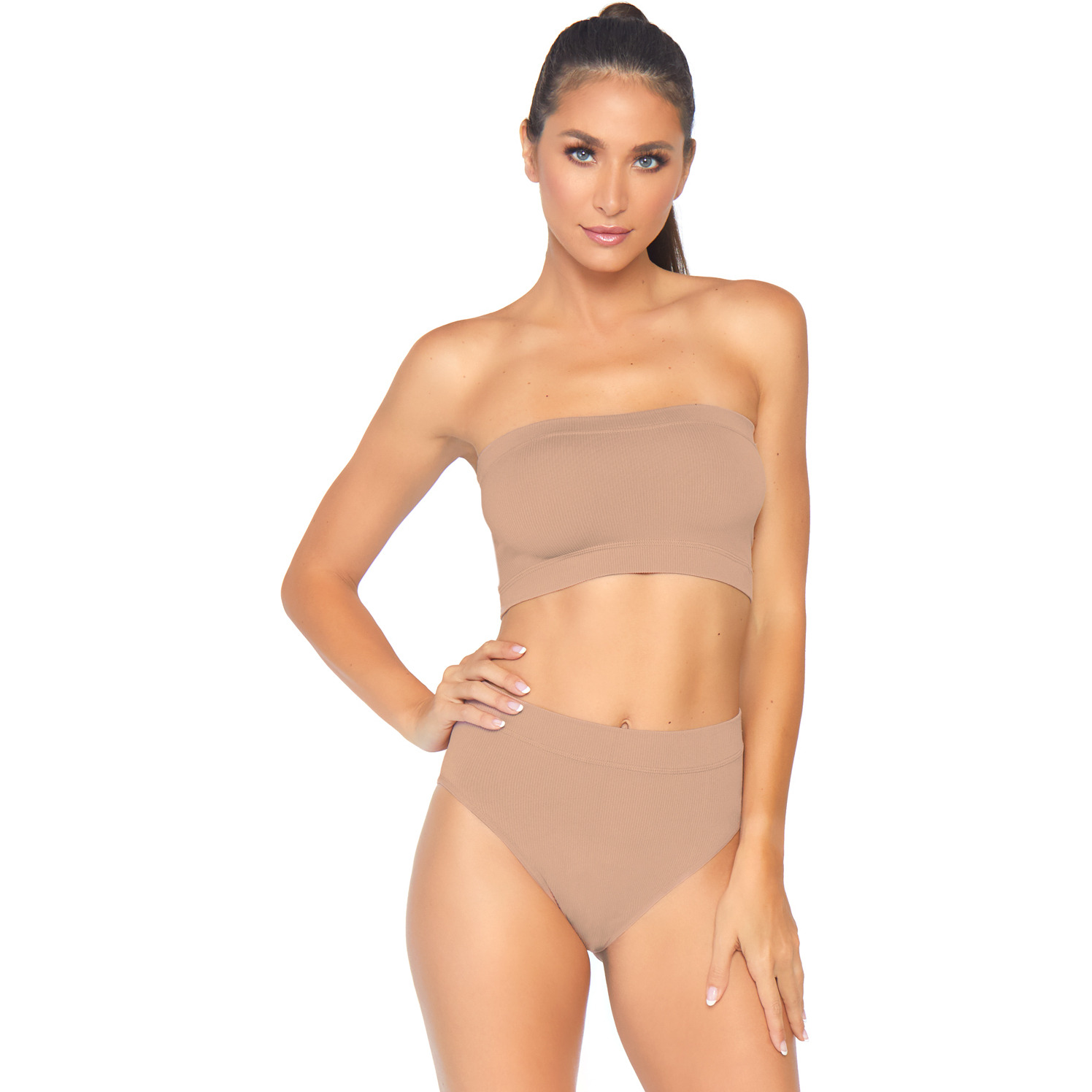 2 PC Seamless opaque microfiber ribbed bandeau top and high waist brief.
