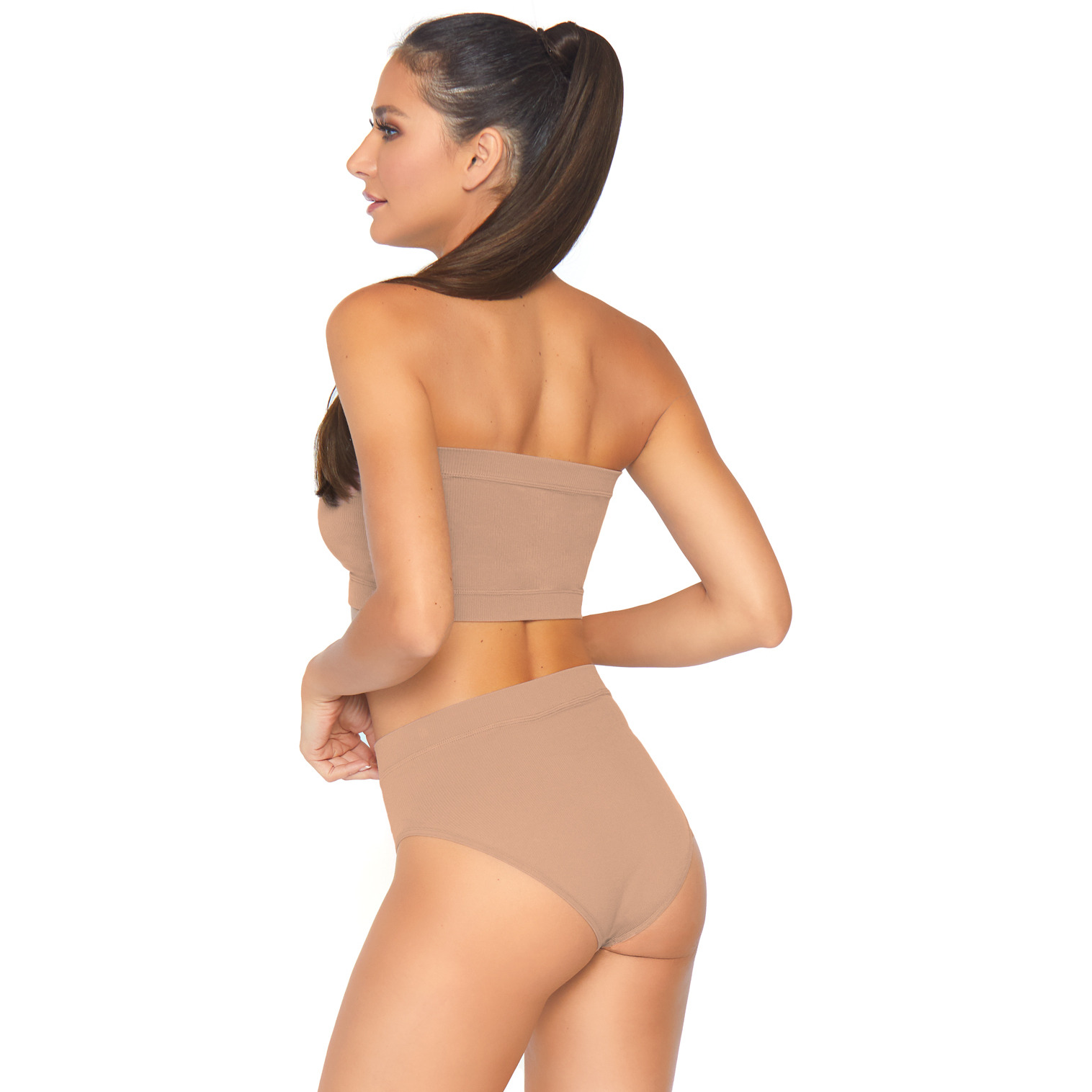 2 PC Seamless opaque microfiber ribbed bandeau top and high waist brief.