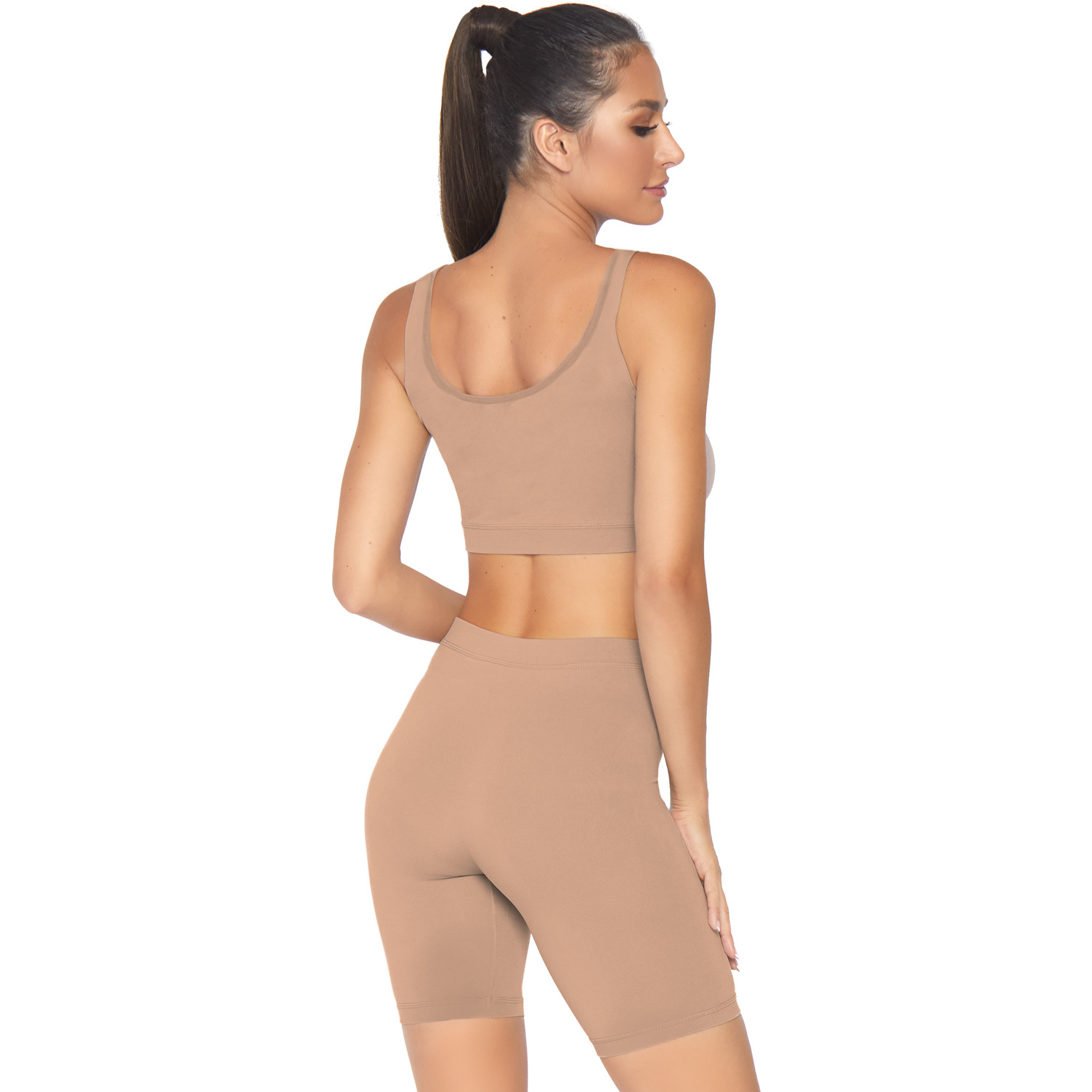 2 PC Seamless opaque spandex crop tank and bike shorts.