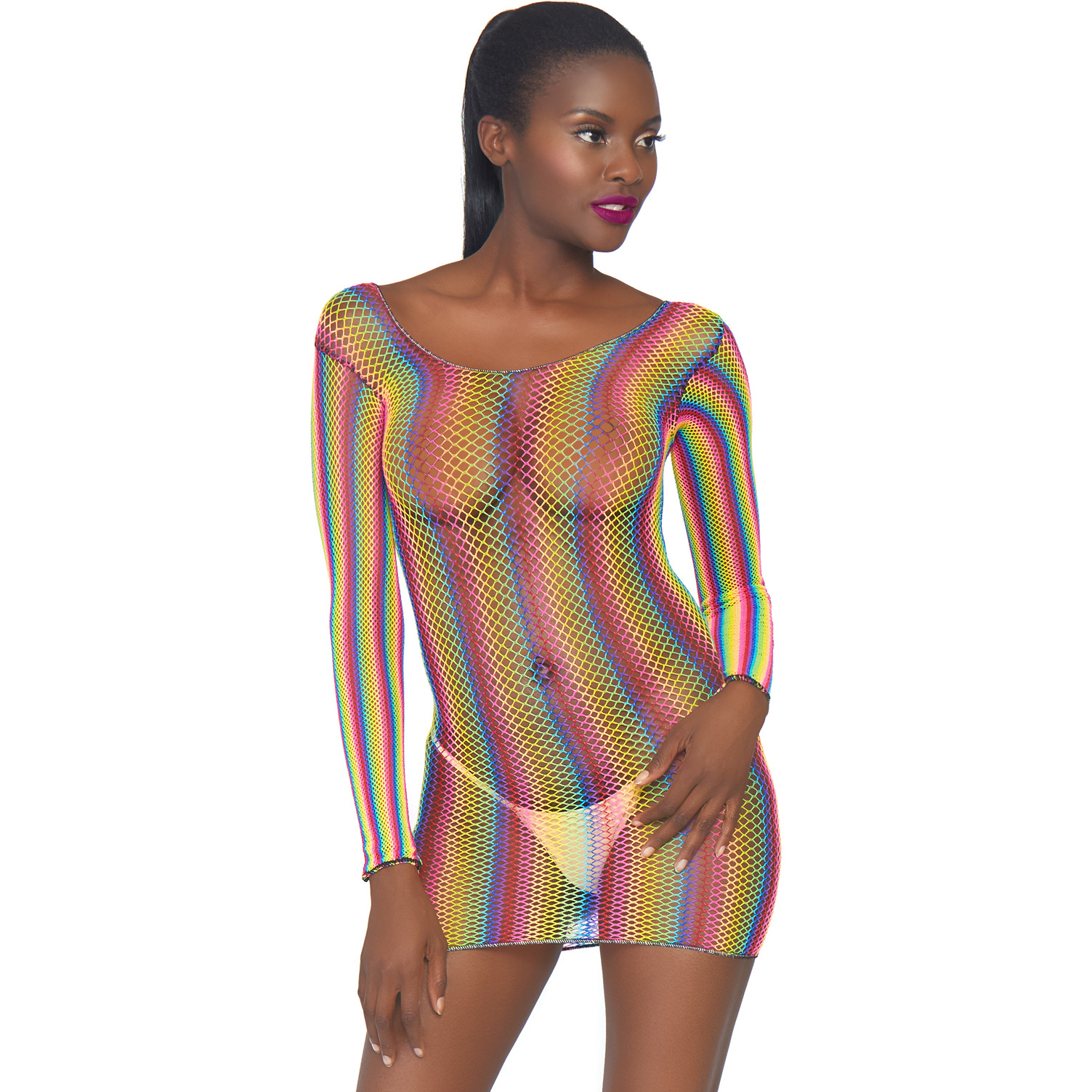 Rainbow fishnet long sleeved mini dress.