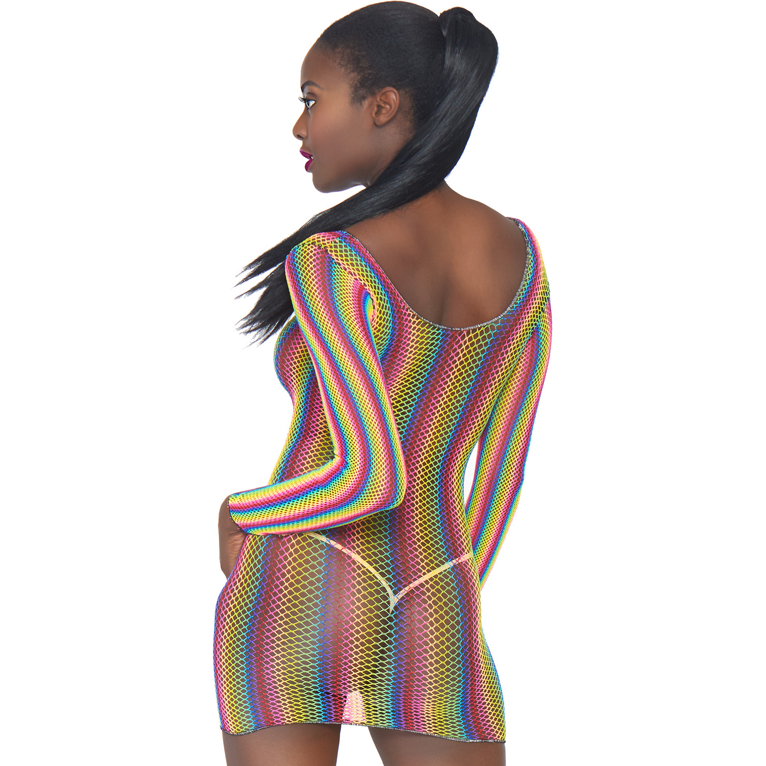 Rainbow fishnet long sleeved mini dress.