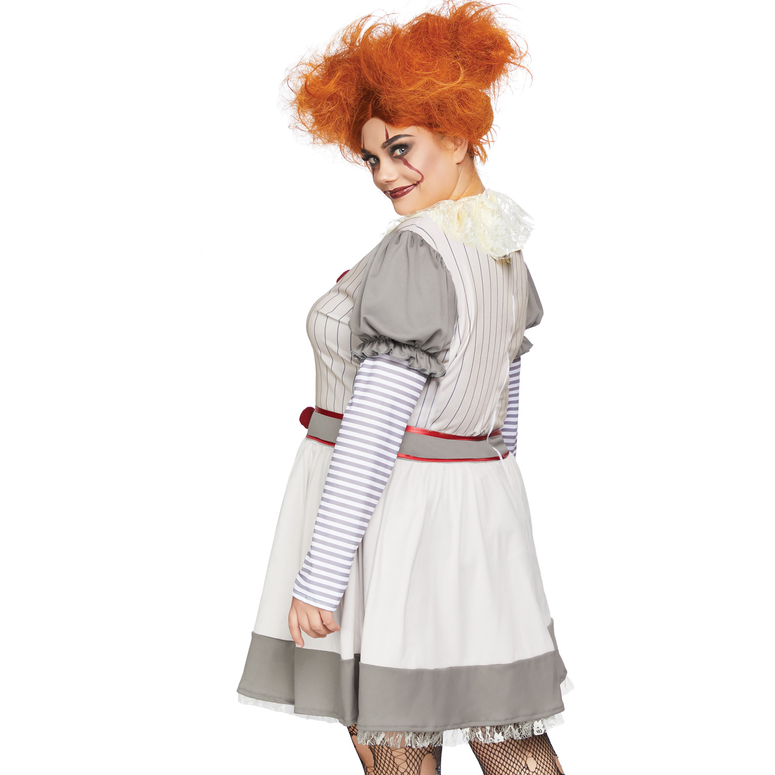 2 PC Creepy Clown, includes striped dress with pom pom accents and lace neck piece.