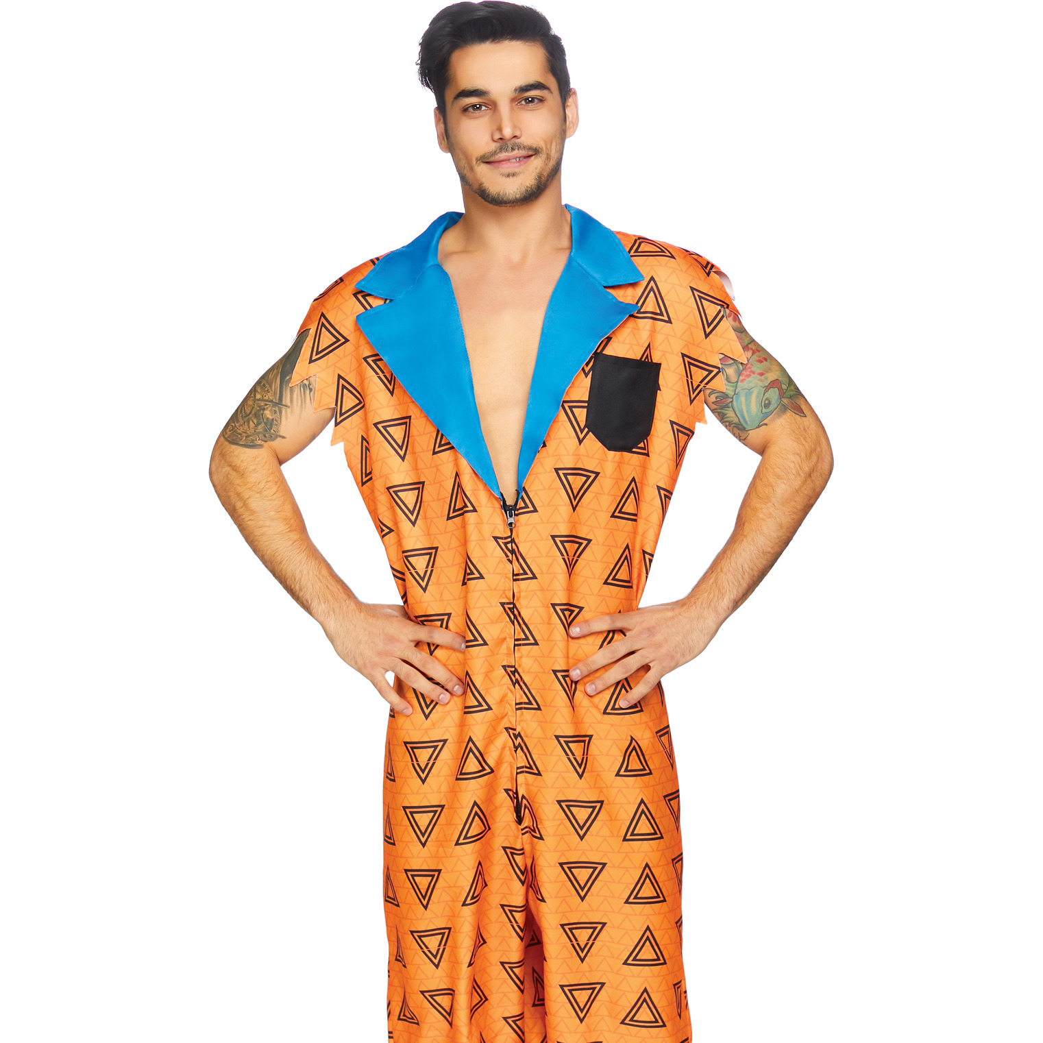 Bedrock Bro, features printed jumpsuit with pockets and double sided zipper.