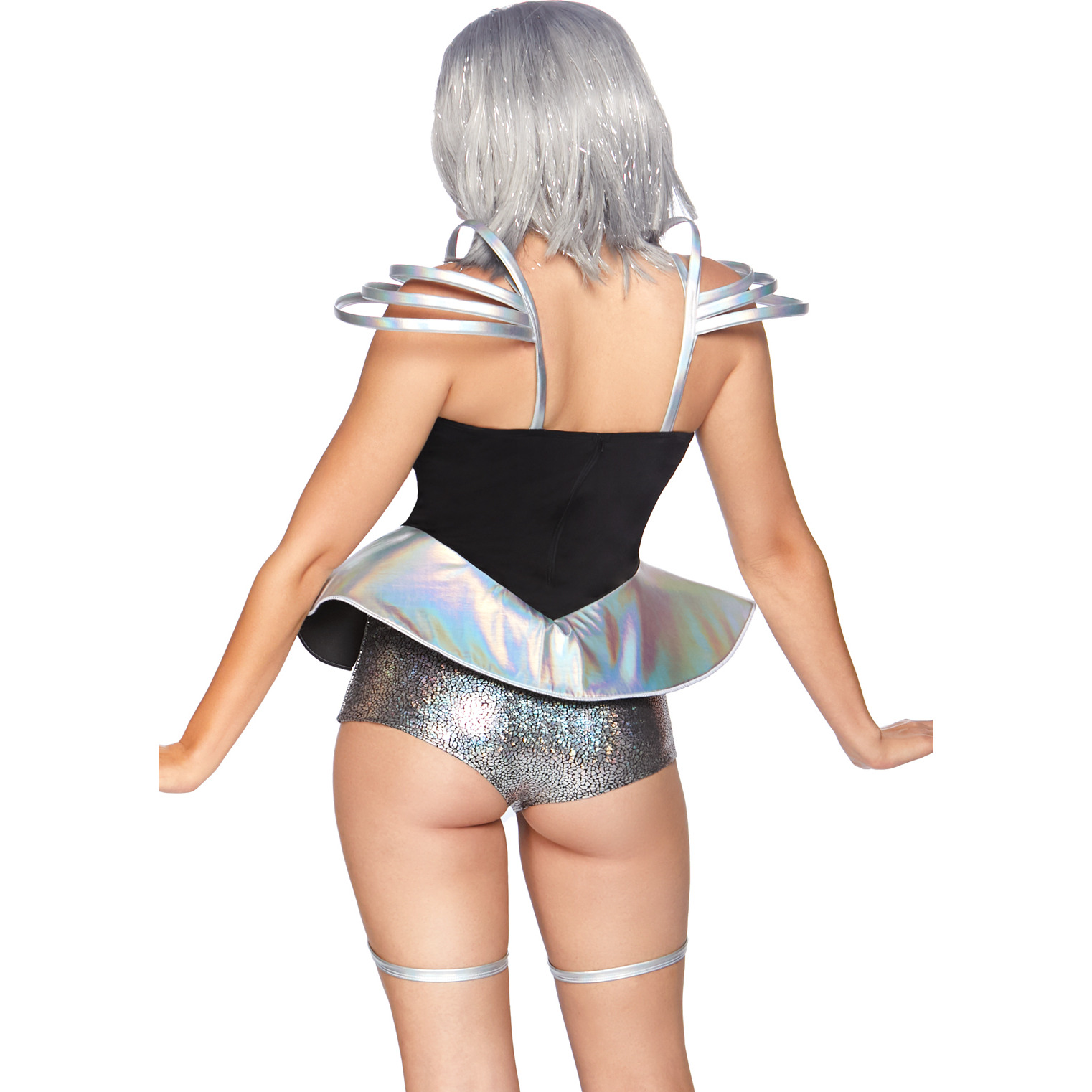 Space Cadet, features iridescent garter romper with holographic UFO skirt and futuristic straps.
